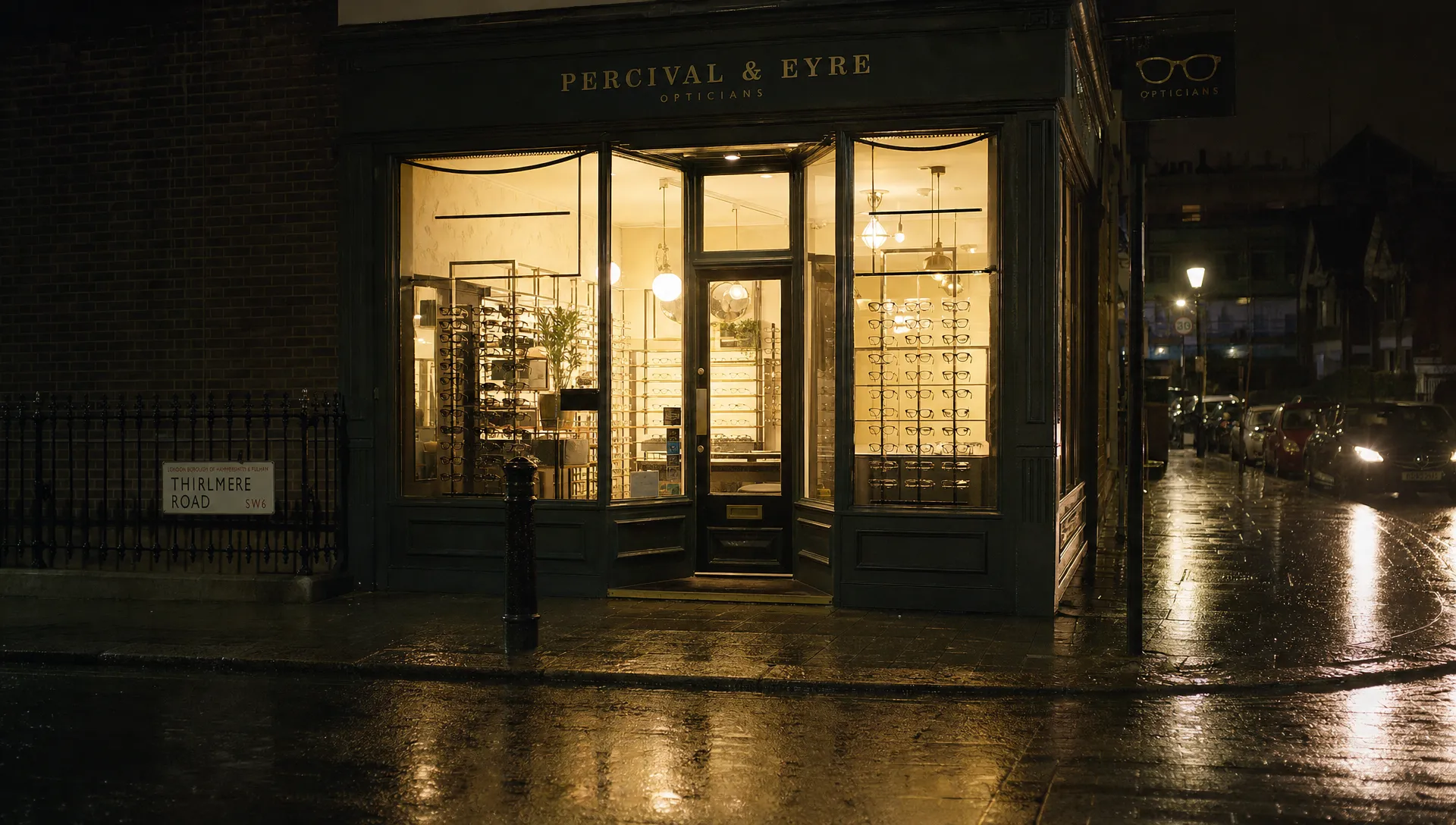 A night-time street scene with a warmly lit independent opticians window glowing against rain-soaked pavement, rows of glasses visible inside, and reflections stretching across the wet road.
