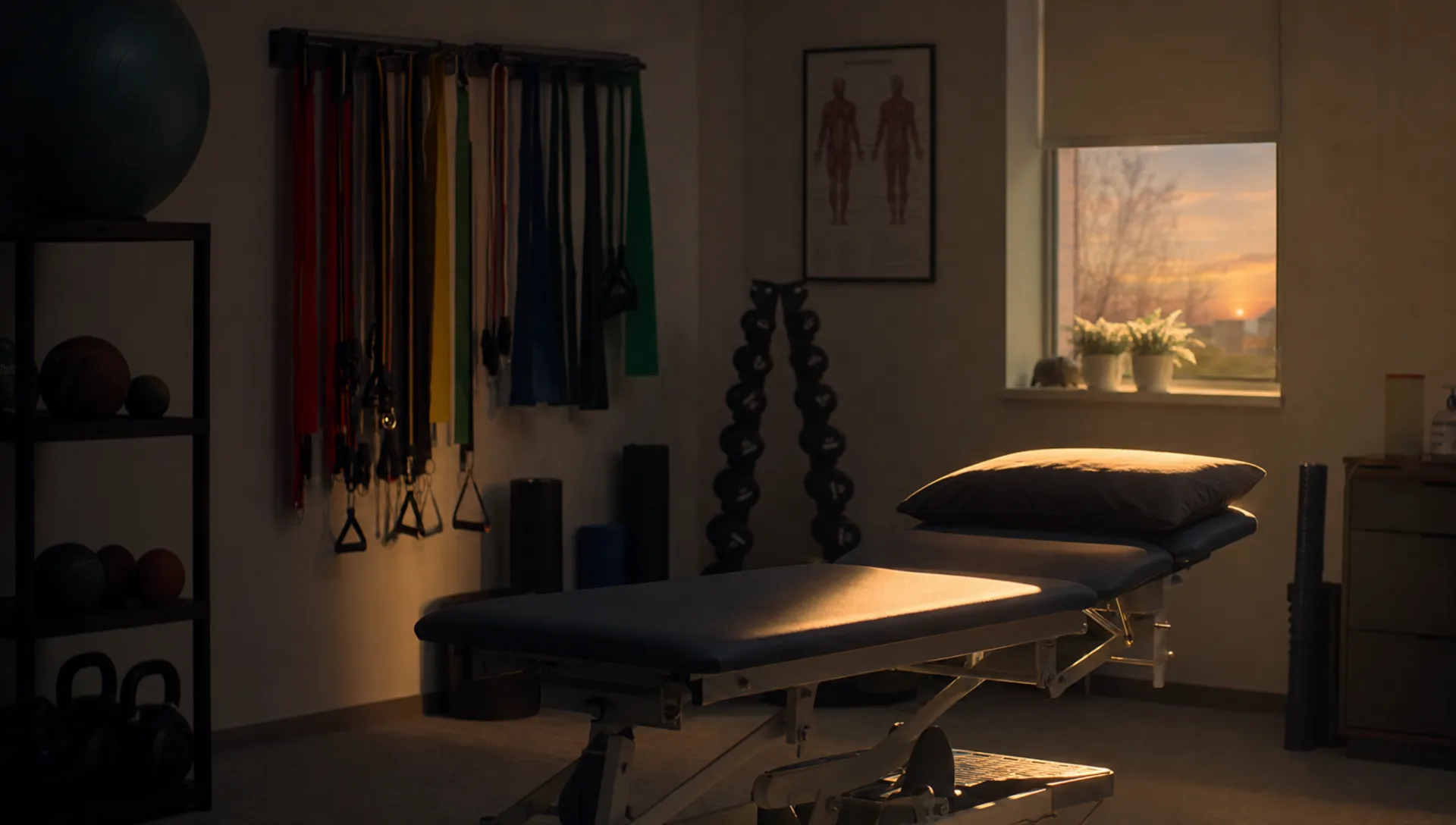 A physiotherapy treatment room at dusk, with a treatment table lit by a narrow shaft of warm light, resistance bands and rehab equipment in soft shadow, creating a visual metaphor for pain turning into recovery.