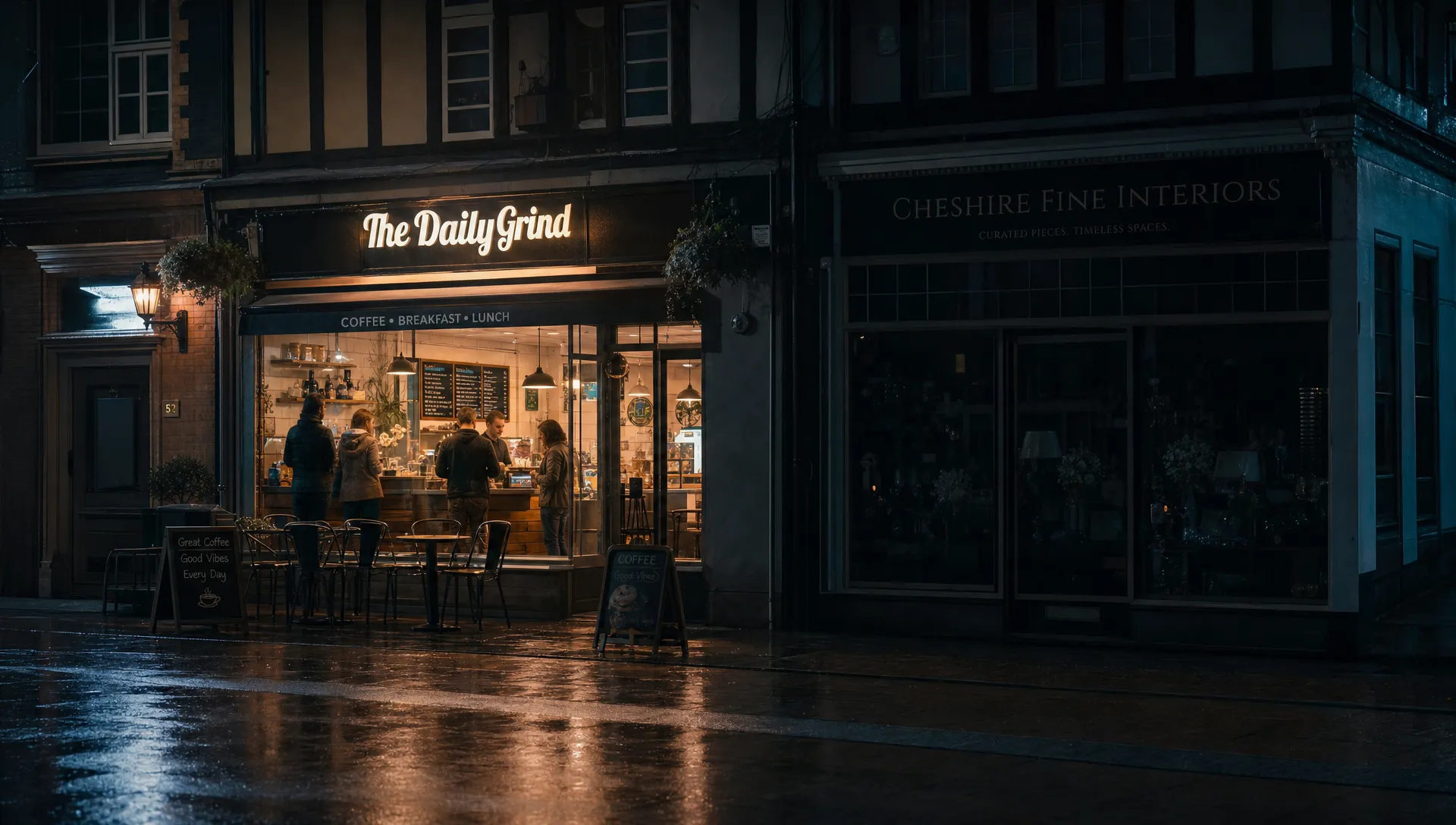 A rain-slick Cheshire high street at night, seen from a medium distance at eye level, with one small shopfront brightly lit and active while a better-kept neighbouring shop sits in shadow and looks overlooked, creating a visual metaphor for visibility beating quality when the evidence is hidden.