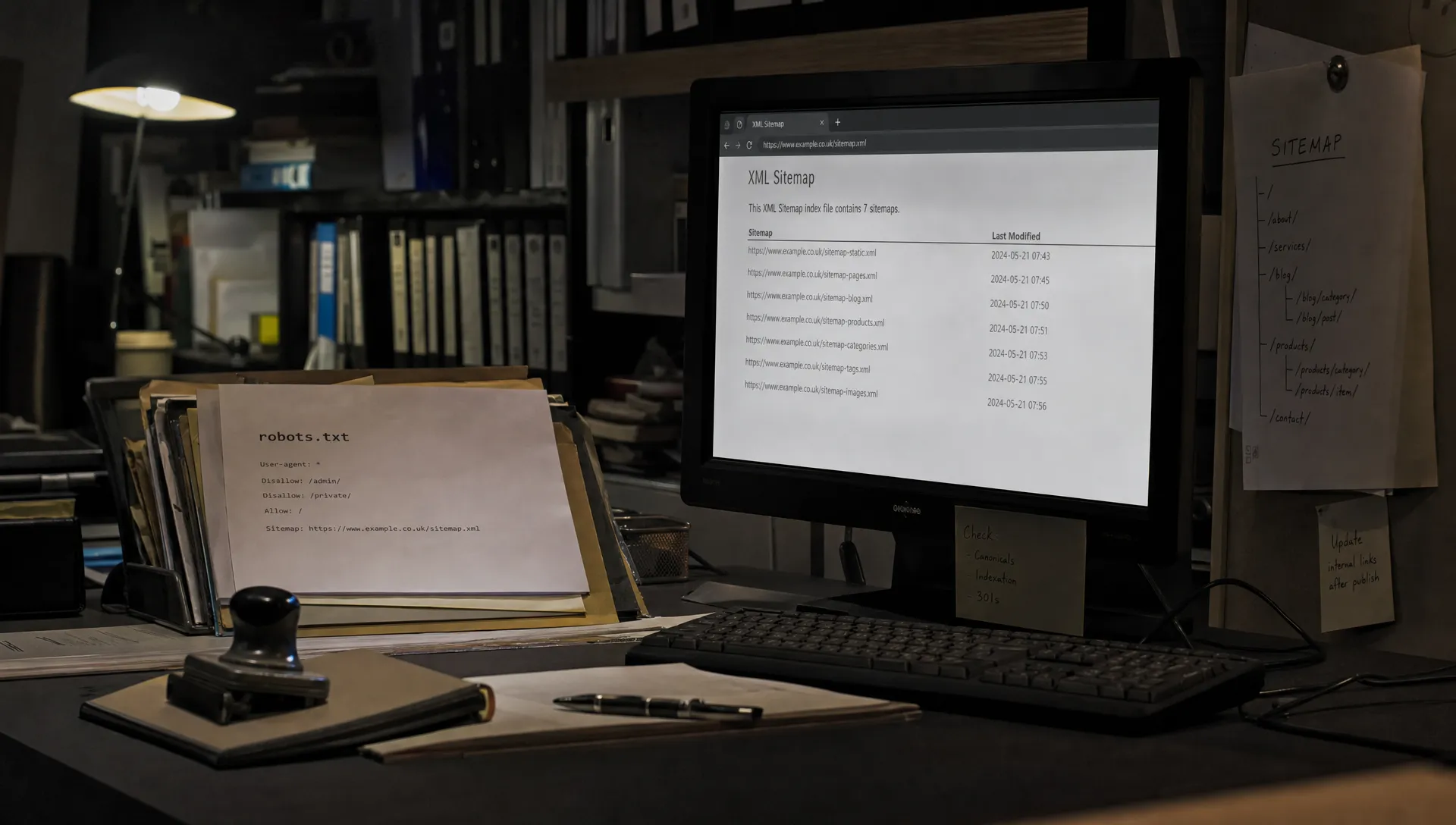 A robots.txt printout, sitemap note and small monitor on a back-office desk show crawl settings being checked.