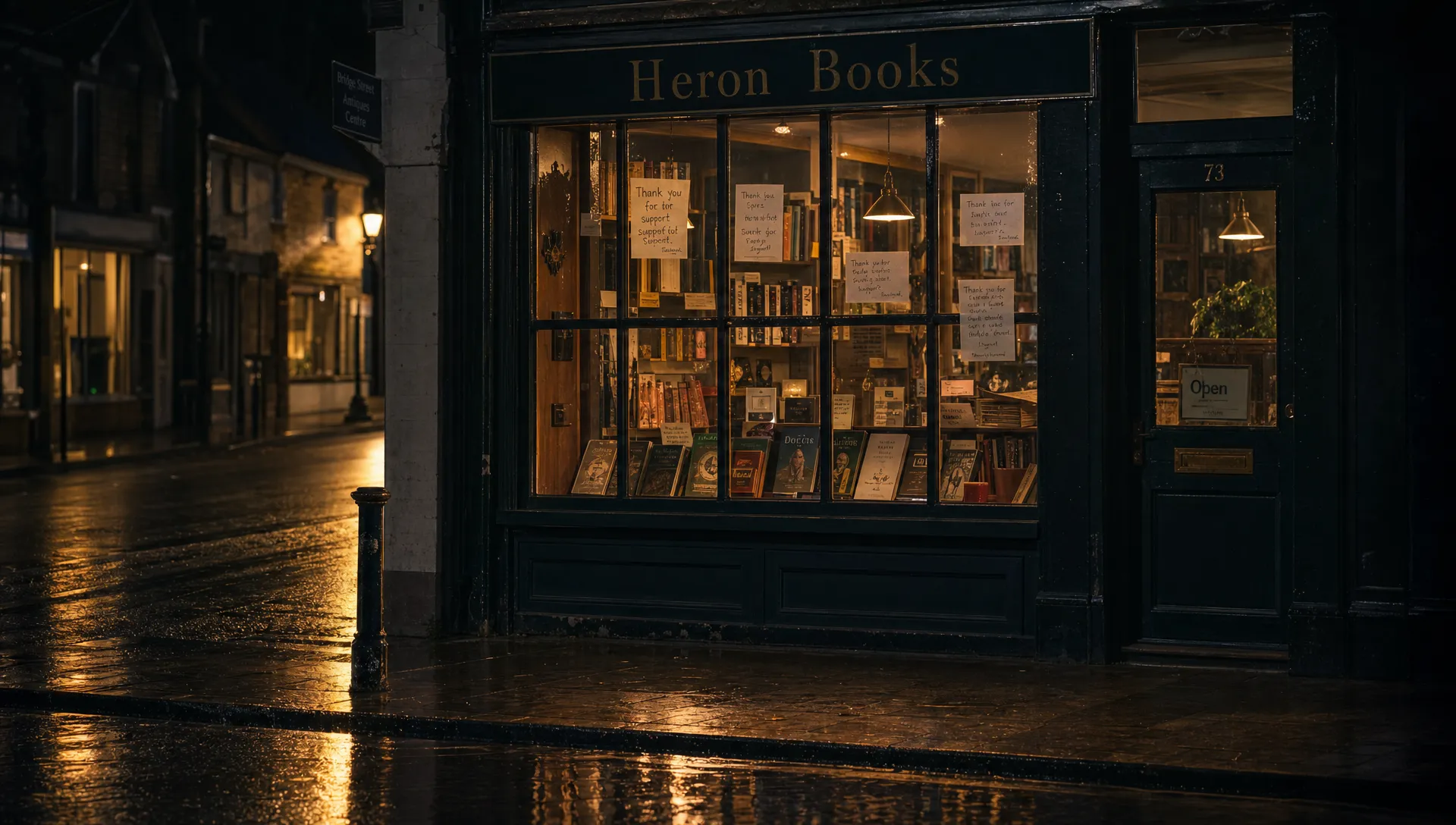 A small high street shopfront after closing time, with a warm light inside and a few handwritten customer notes visible through the glass, reflected in the wet pavement outside.