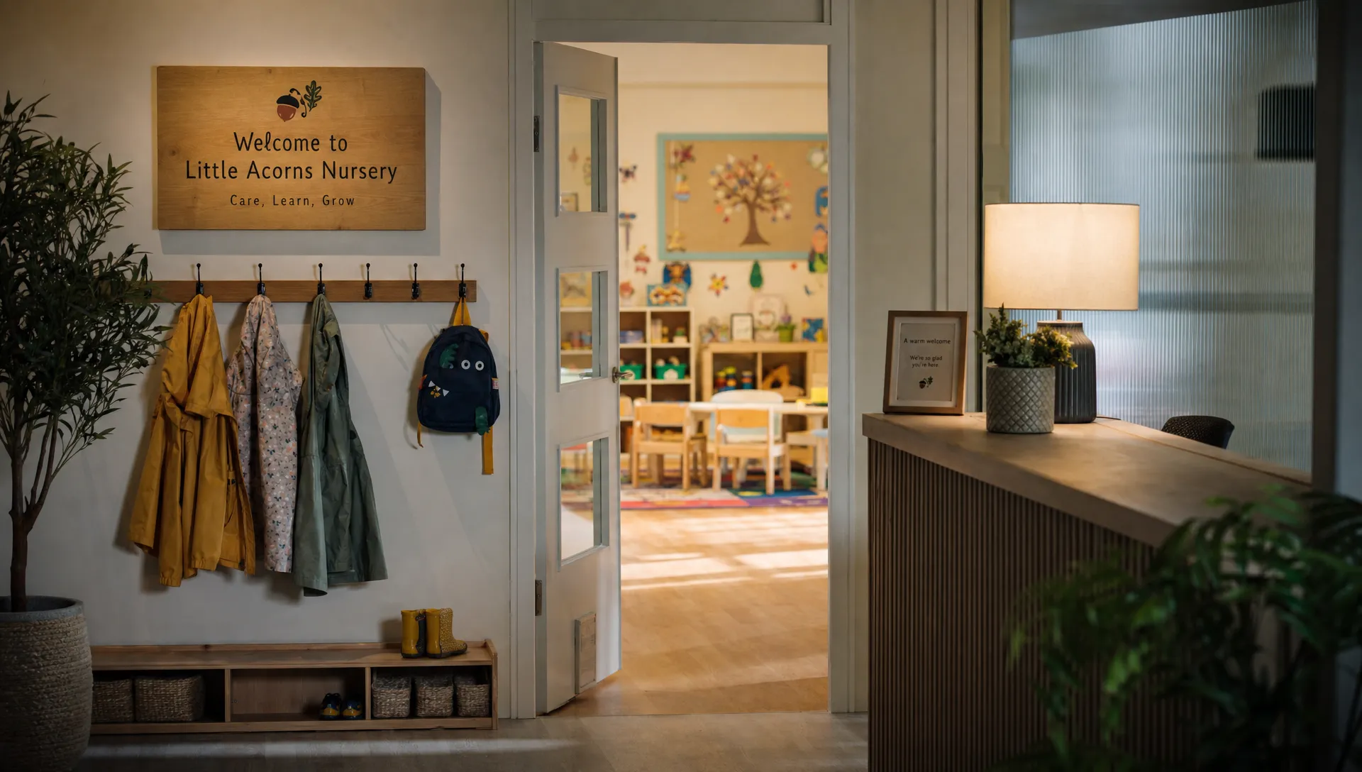 A softly lit nursery entrance with coats, low hooks, and a welcoming doorway suggests safety and trust to local parents.