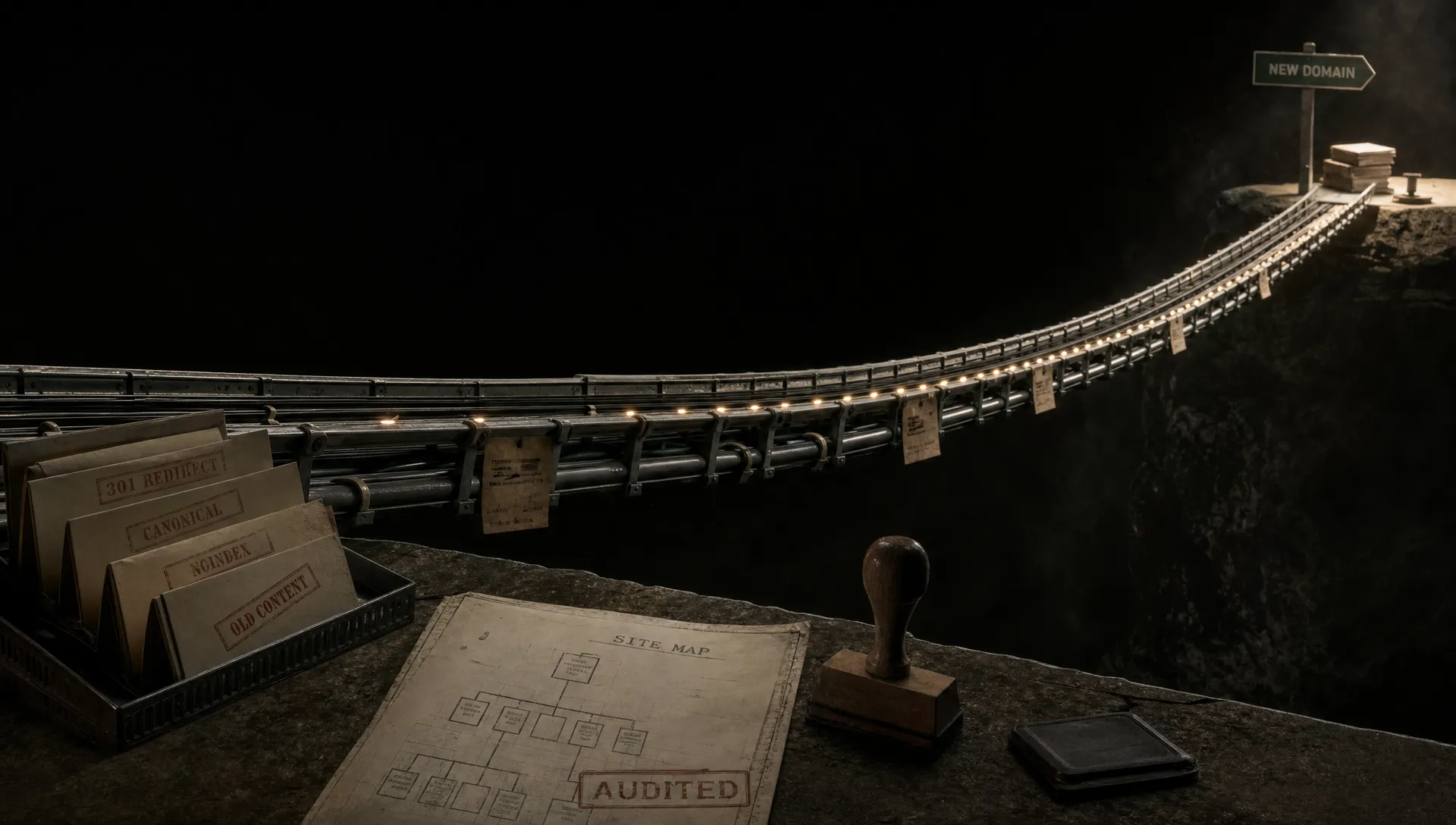 Cable trays, redirect cards and a sitemap form a bridge-like metaphor for moving SEO value to a new domain.