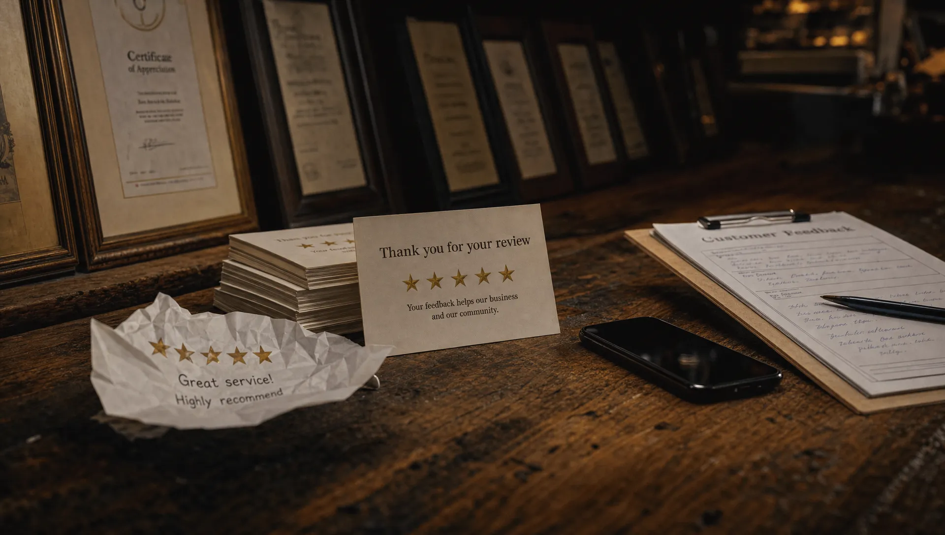 Review cards, a phone and certificates on a shop counter show how fake reviews can hit local trust.