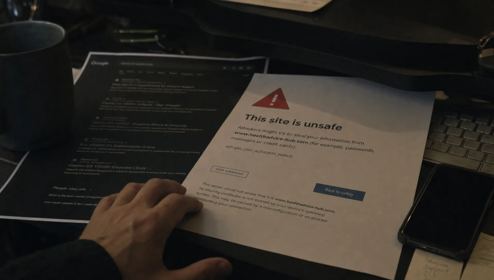 A browser warning page and search results spread on a desk show the trust damage a hacked website can cause.