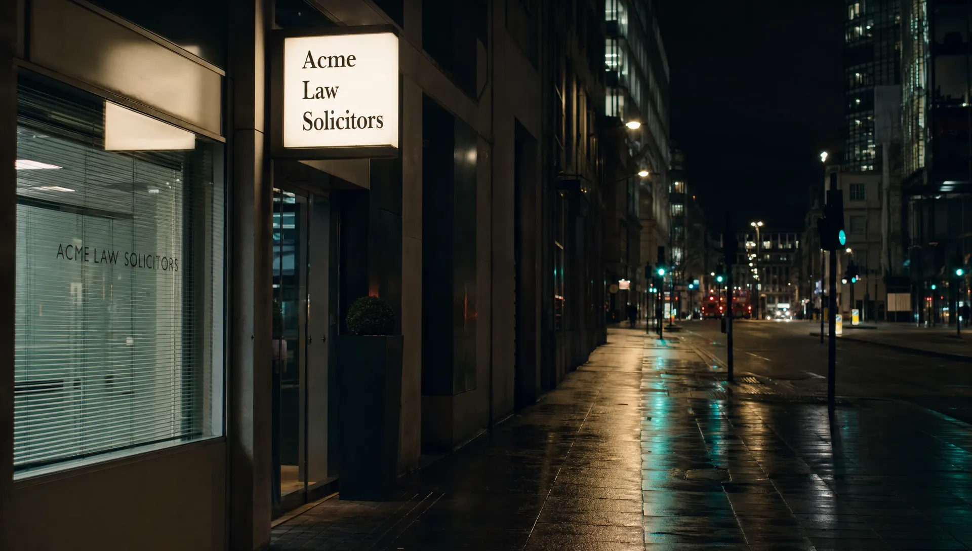 A business name sign glows beside a darker route of city lights, showing the split between branded and non-branded search.