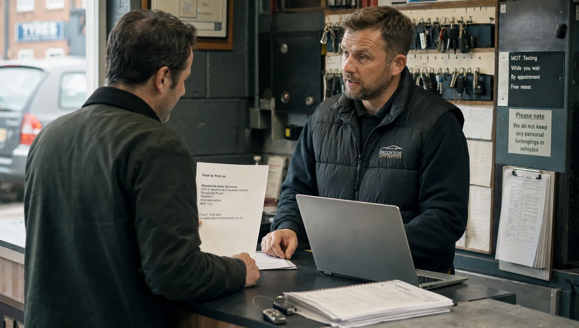 A business owner and customer check contact details together at a reception counter in a small local office.