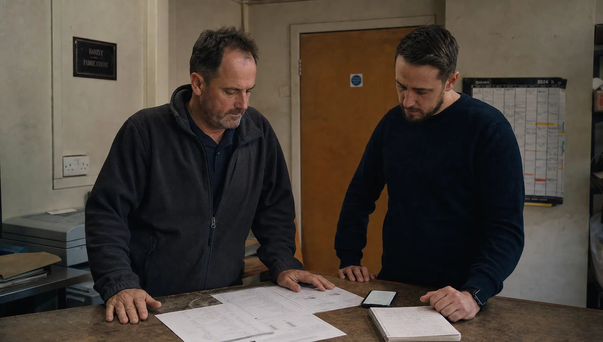 A business owner and SEO specialist review enquiry notes at a counter while deciding which leads are actually worth chasing.