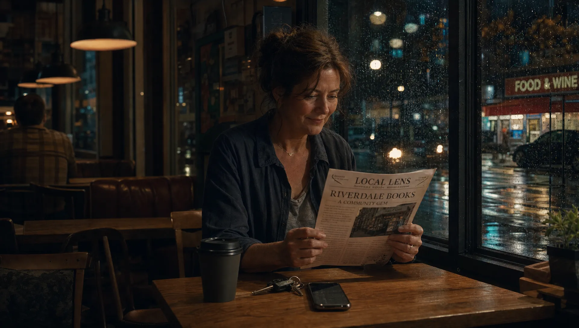 A business owner in a café reads a community newsletter mentioning the company, reflecting everyday unlinked brand mentions SEO.