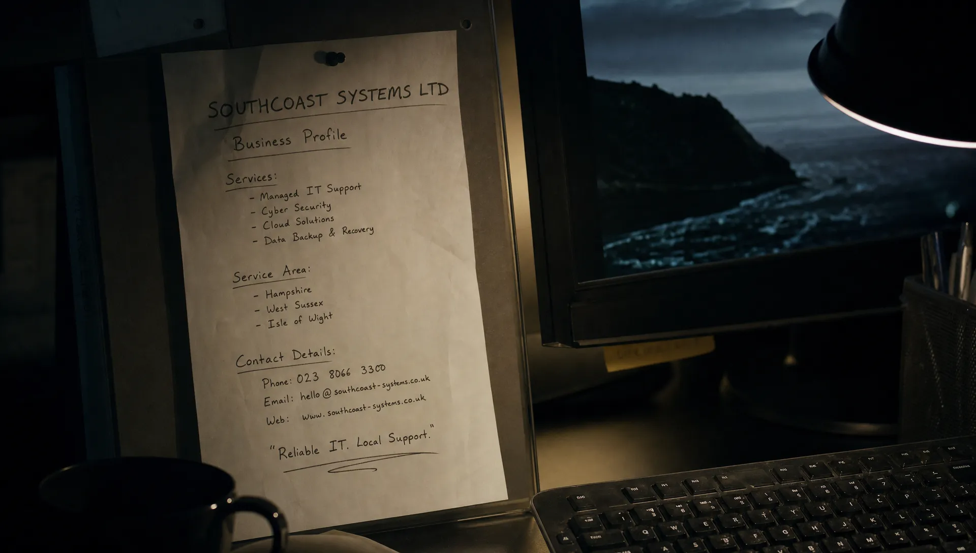A business profile sheet beside a monitor shows the details that shape a company’s AI identity.