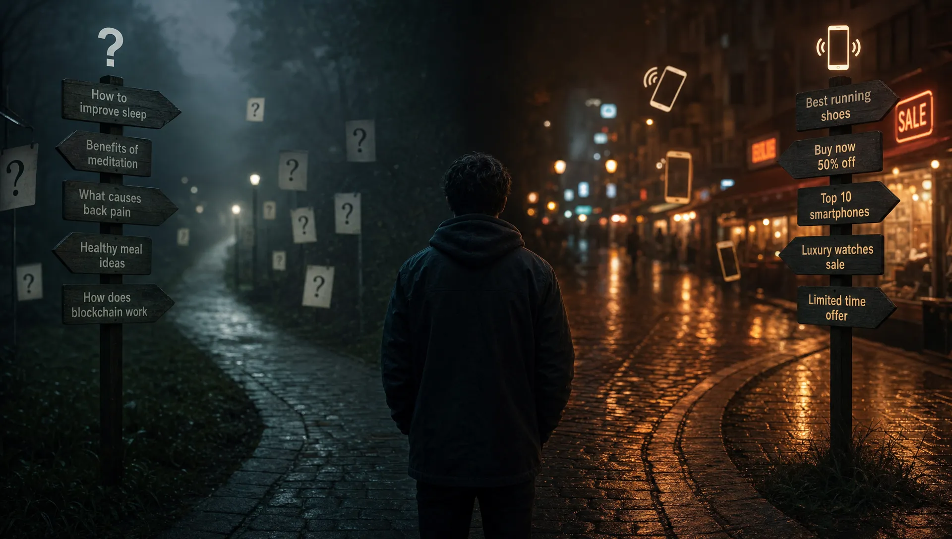 A dark cinematic scene of two different paths splitting through mist, one lined with question notes and the other with shopfront lights and ringing phones, showing informational versus commercial keywords.