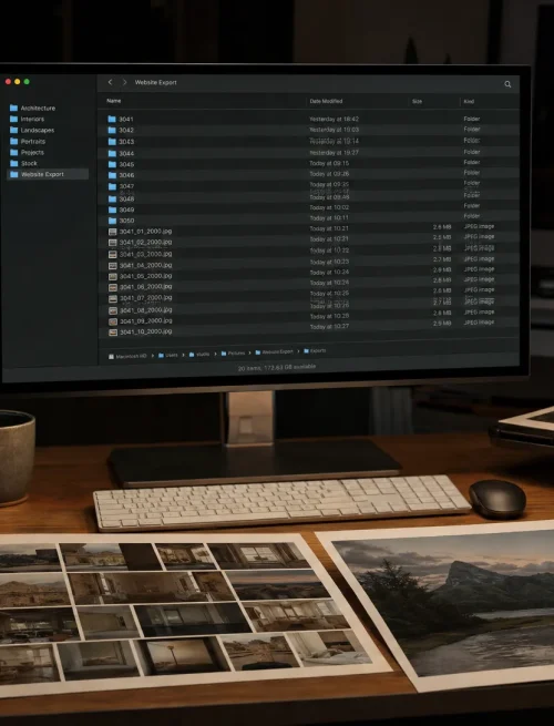 A dark web studio desk is covered with photo proofs, drives and export folders, reflecting the work of choosing image formats for SEO.