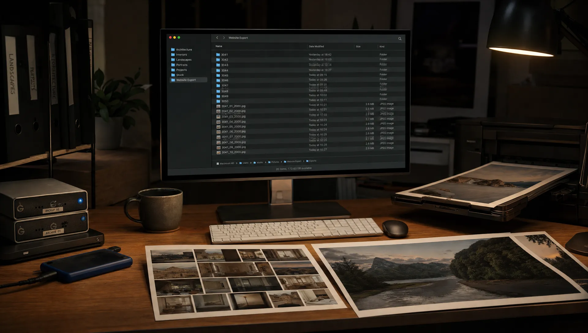 A dark web studio desk is covered with photo proofs, drives and export folders, reflecting the work of choosing image formats for SEO.