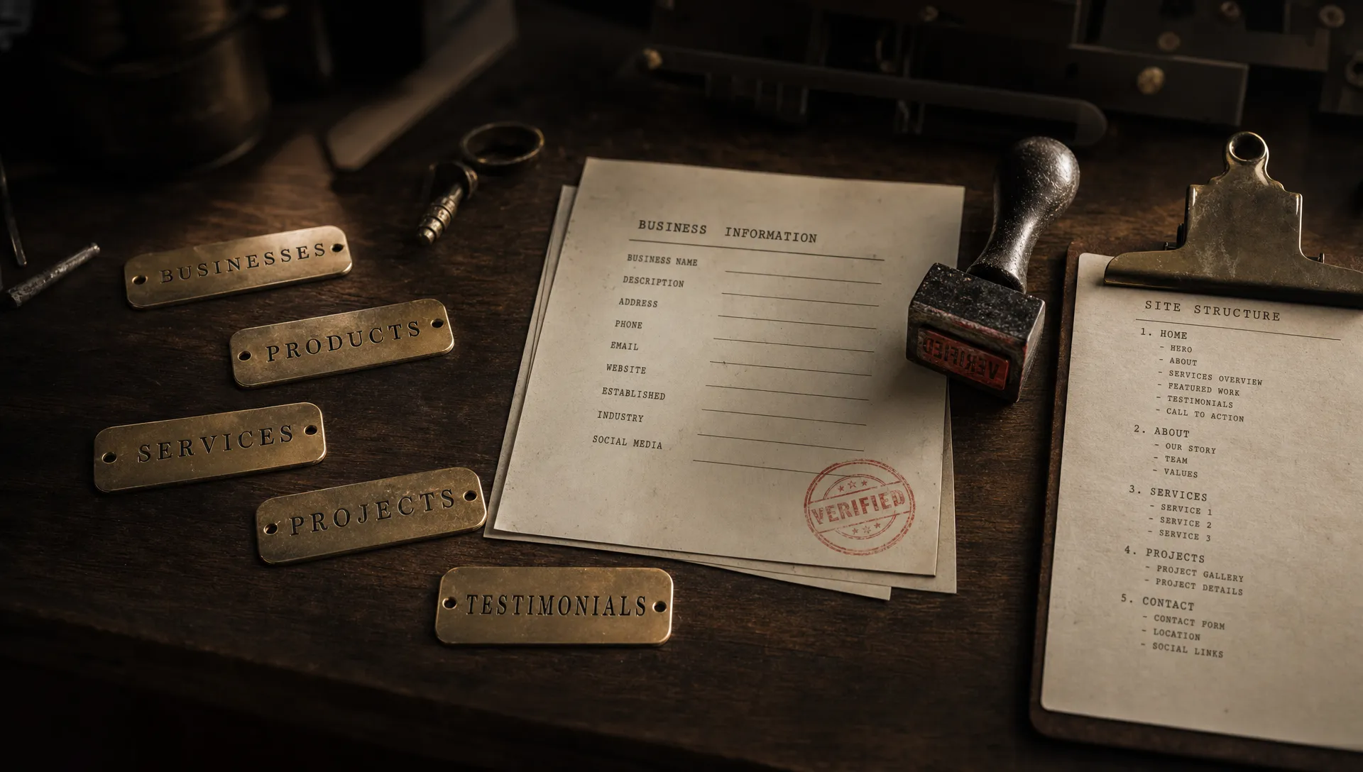 A dark workbench with engraved tags, a stamped document and a clipboard suggests the main structured data types for a small business site.