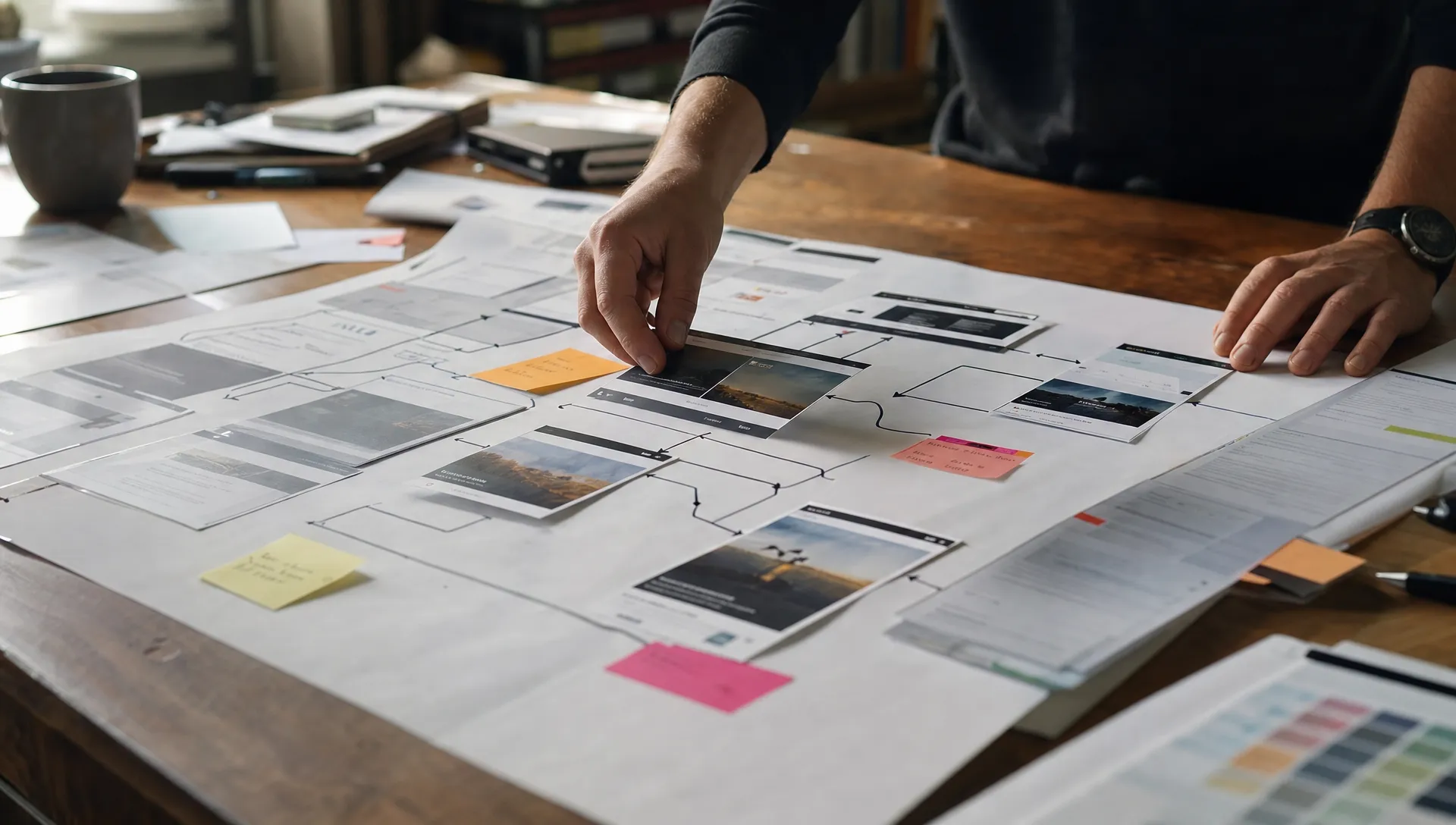 A desk covered with page printouts and notes shows a website plan with linked pages being organised by hand.