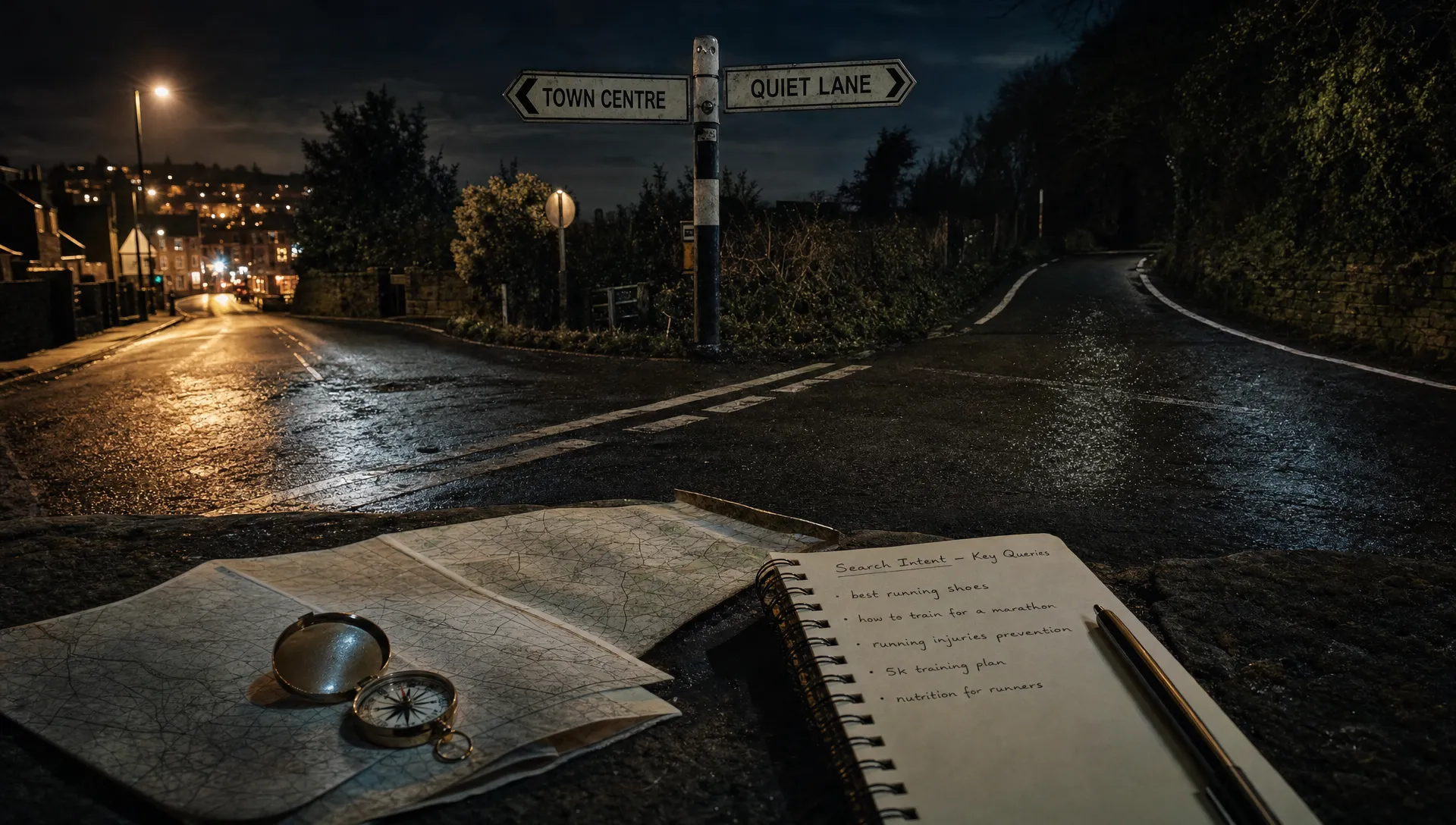 A folded map, compass and signpost at a fork in the road suggest choosing the right SEO content for the search intent.