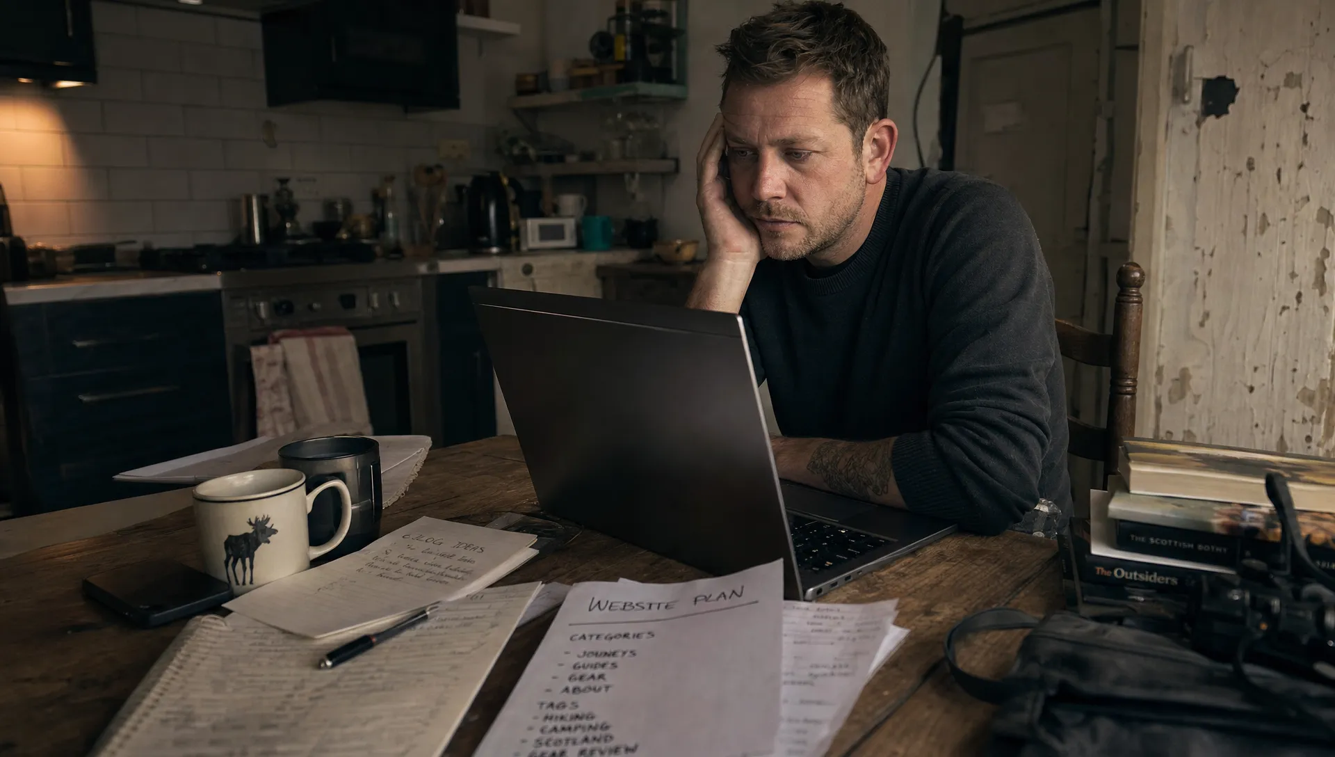 A kitchen table holds blog notes and a laptop while someone checks categories and tags for their WordPress site after hours.