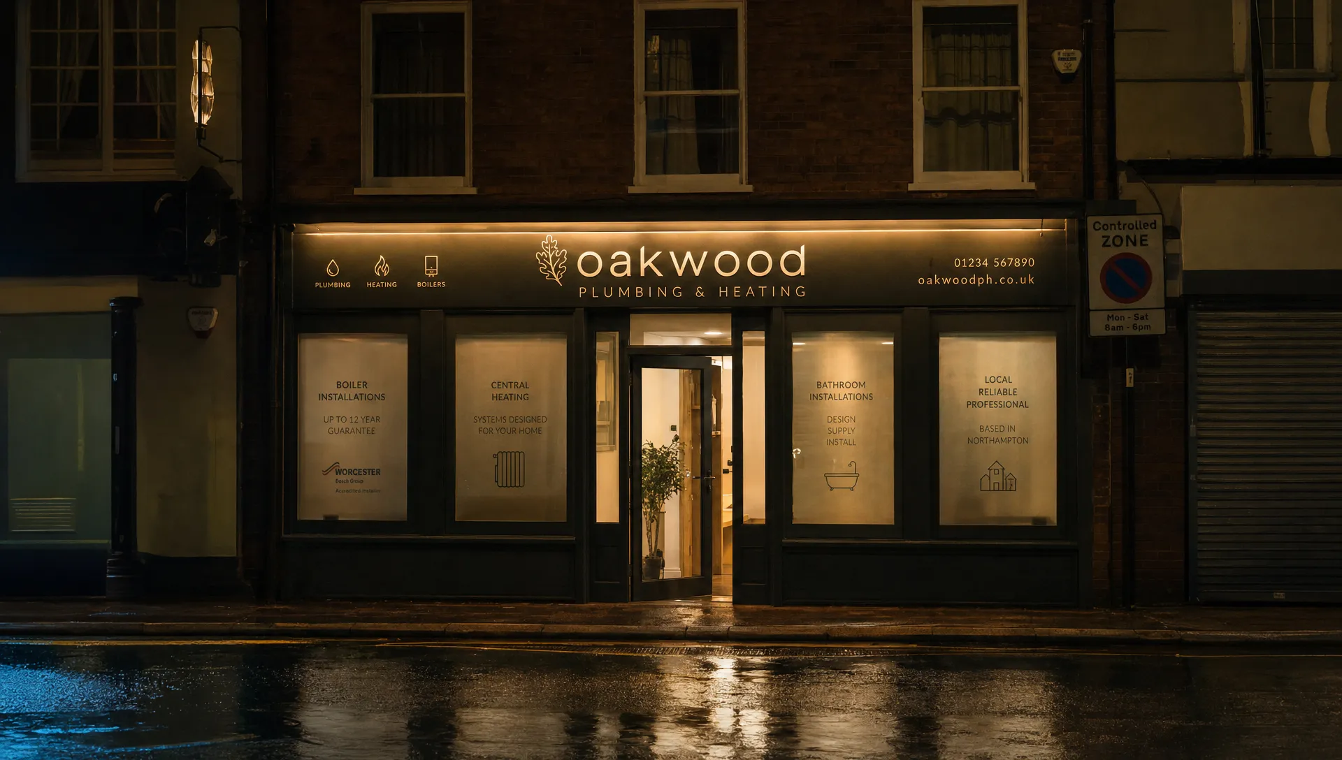 A lit Cheshire shopfront at night suggests a business built around connected service pages and local SEO.