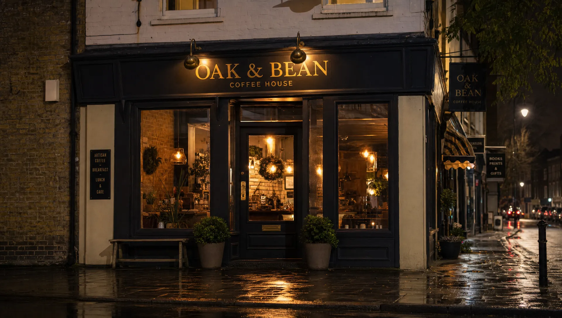 A lit small business frontage at night suggests how structured data helps Google understand a local company.