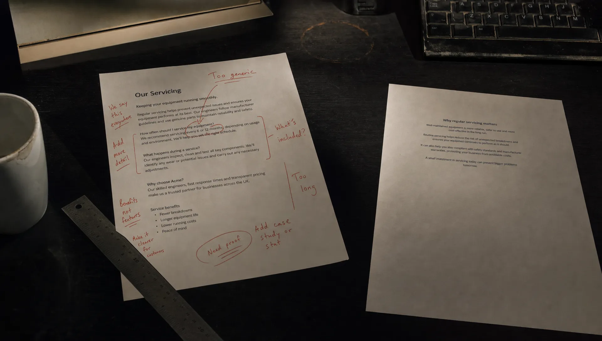 A marked-up service page sits on a dark desk beside a keyboard, showing thin content SEO being assessed for improvement or removal.