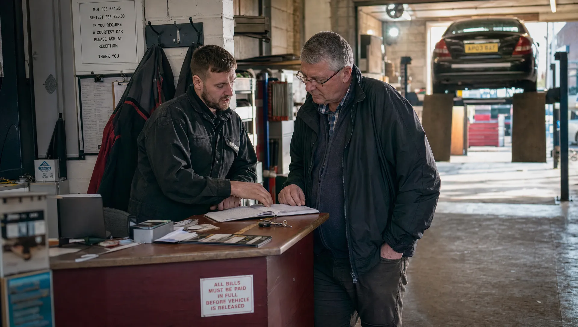 A mechanic and customer talking at a garage counter beside keys and a booking diary.
