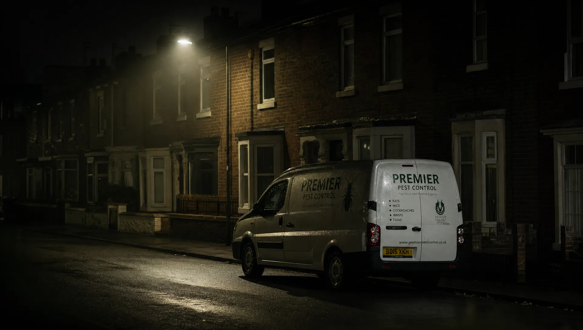 A pest control van is parked on a dark street at night beneath a streetlamp, with terraced houses fading into shadow.