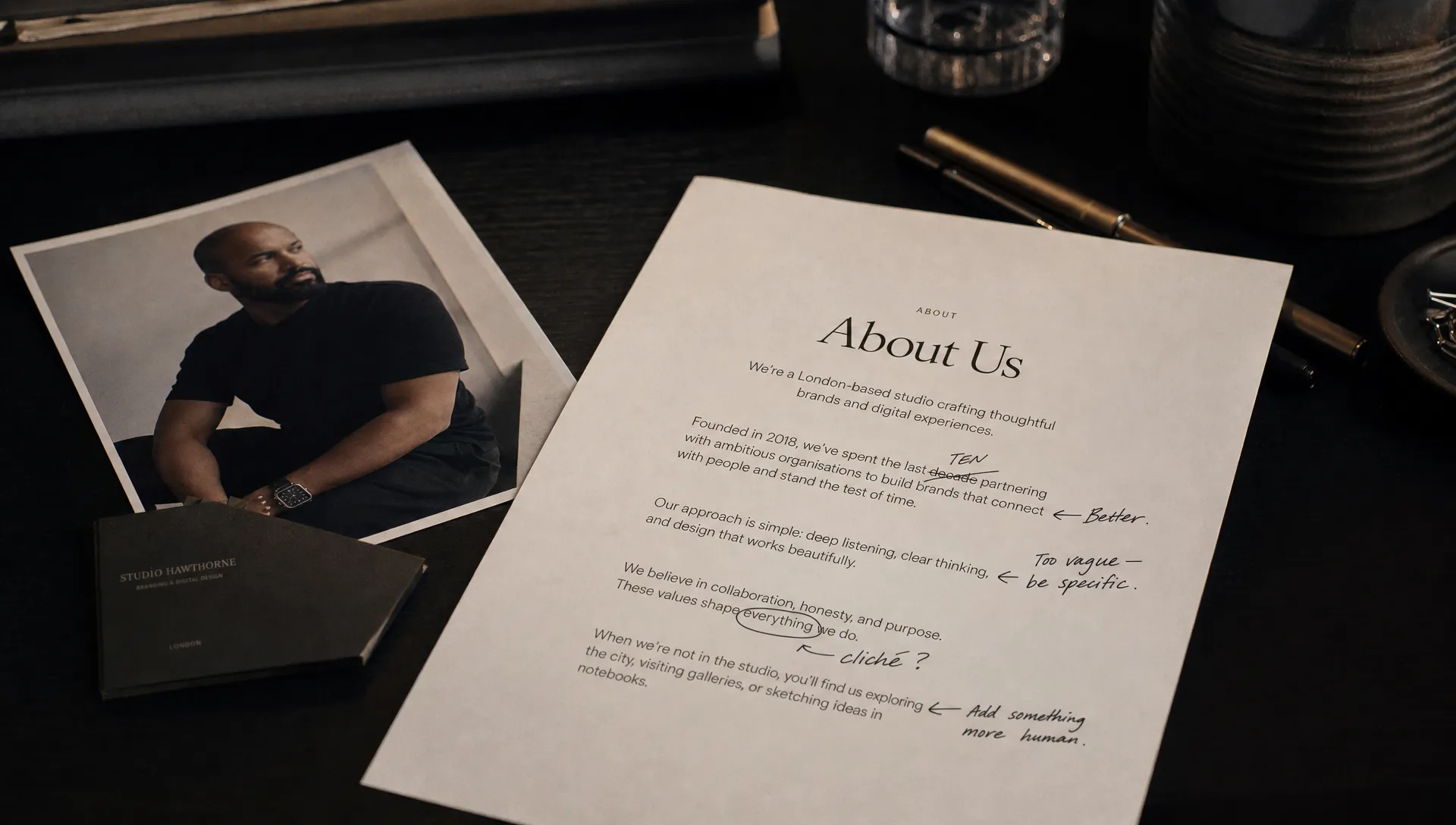 A printed About page draft with handwritten edits sits on a dark desk beside a founder photo and business cards.