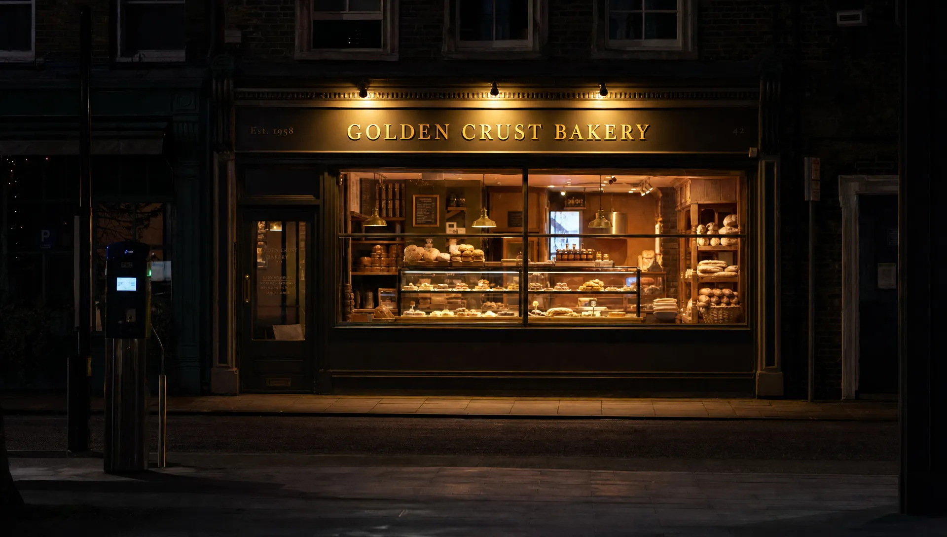A quiet shopfront at night glows on a British high street, with the business sign standing out against the surrounding darkness.