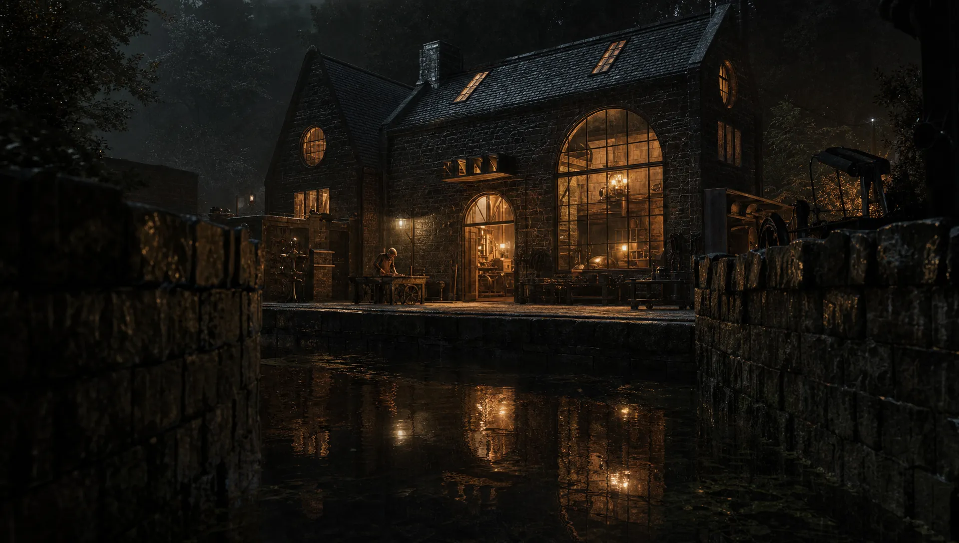 A rain-dark stone moat around a lit workshop at night reflects search result fragments and suggests protection from copycats.