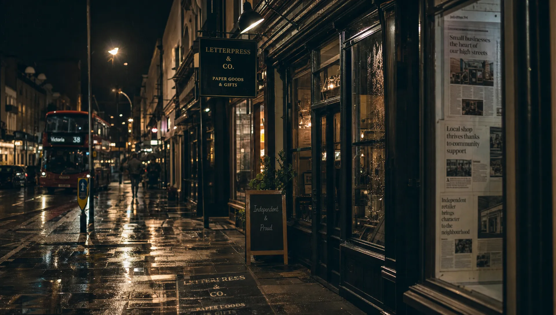 A rain-soaked high street at night with a small independent shop sign reflected in the pavement, while newspaper clippings in a window hint at unlinked brand mentions SEO.