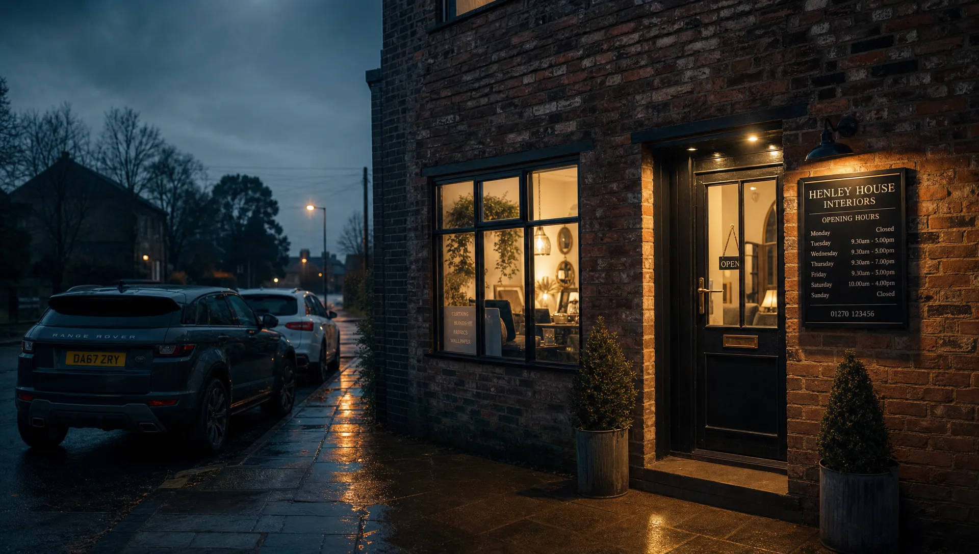 A small business premises glows at dusk, suggesting local visibility and search traffic that leads to calls.
