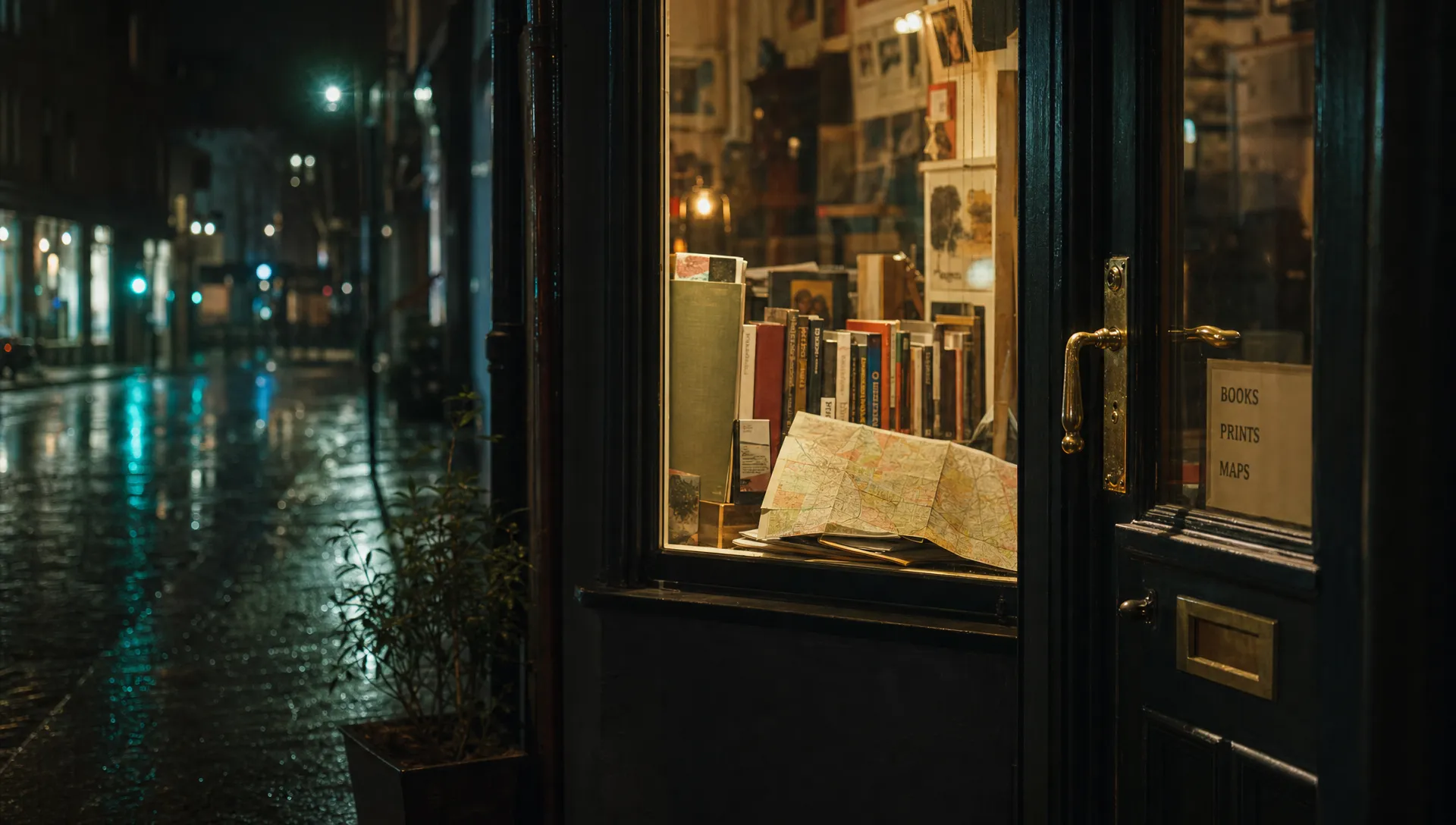 A small illuminated shopfront at night shows a brass door handle, rain on the pavement and a folded street map on the windowsill.