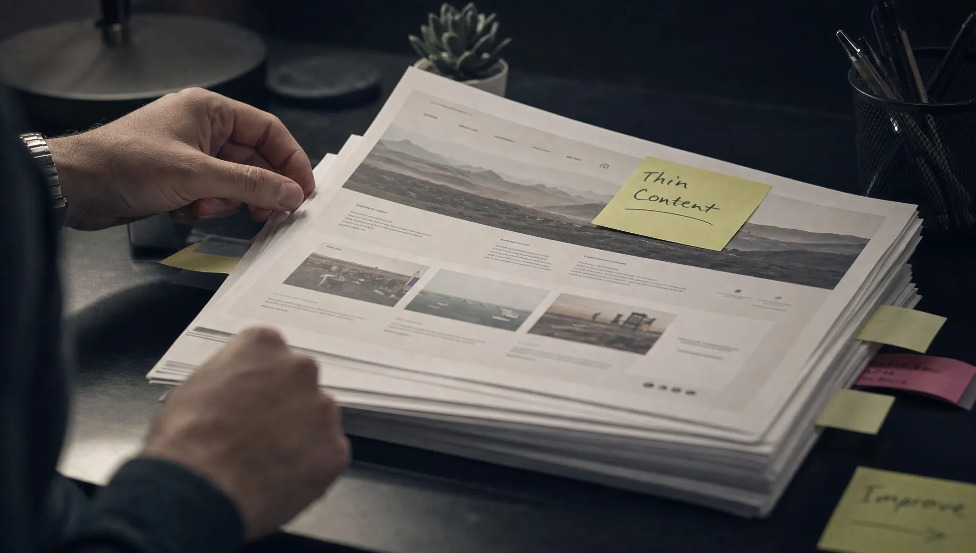 A stack of printed website pages is sorted on a dark desk during a thin content SEO audit.