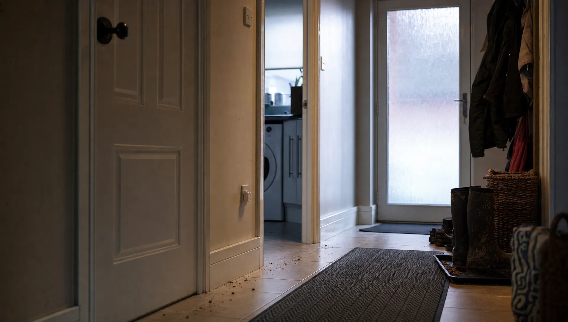 A terraced home hallway shows the everyday setting where pest control problems can start near the back door.