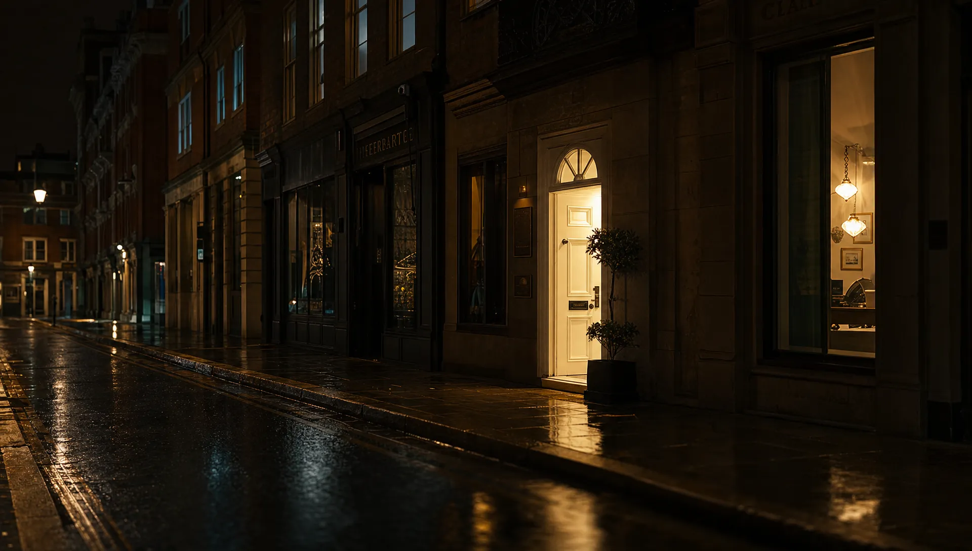 A wet high street at night shows one bright doorway and a few lit shop windows, capturing zero-click searches before the website visit.