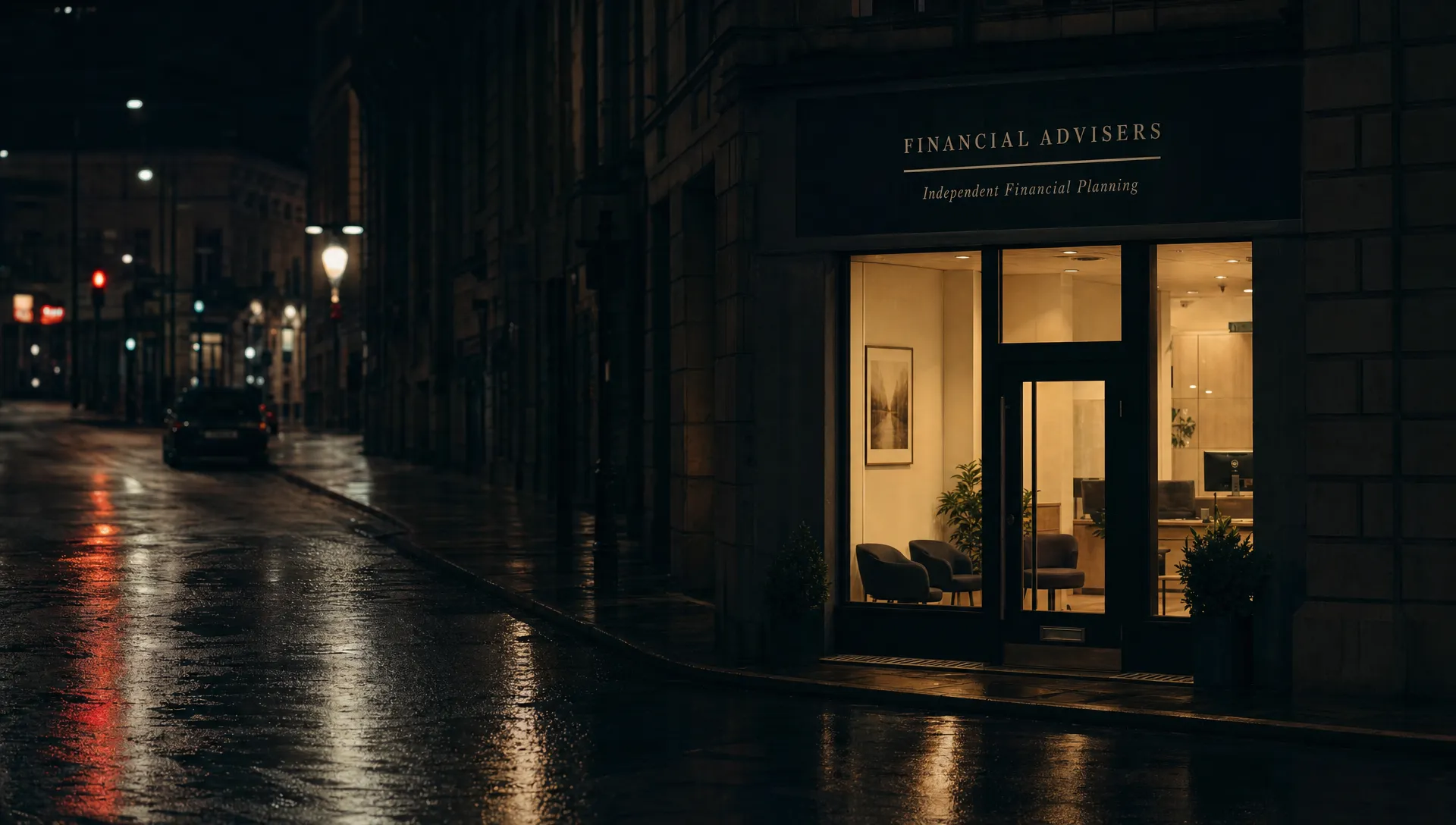 A wet street at night with one bright business doorway drawing the eye, showing how SEO ranking goals should focus on profitable enquiries.