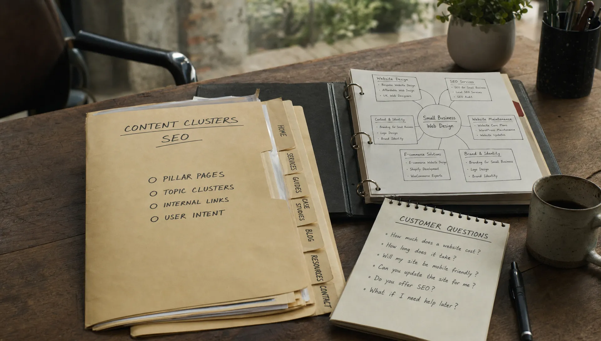A worn desk with tabbed folders, an open binder and customer questions shows content clusters SEO being organised for a small business.