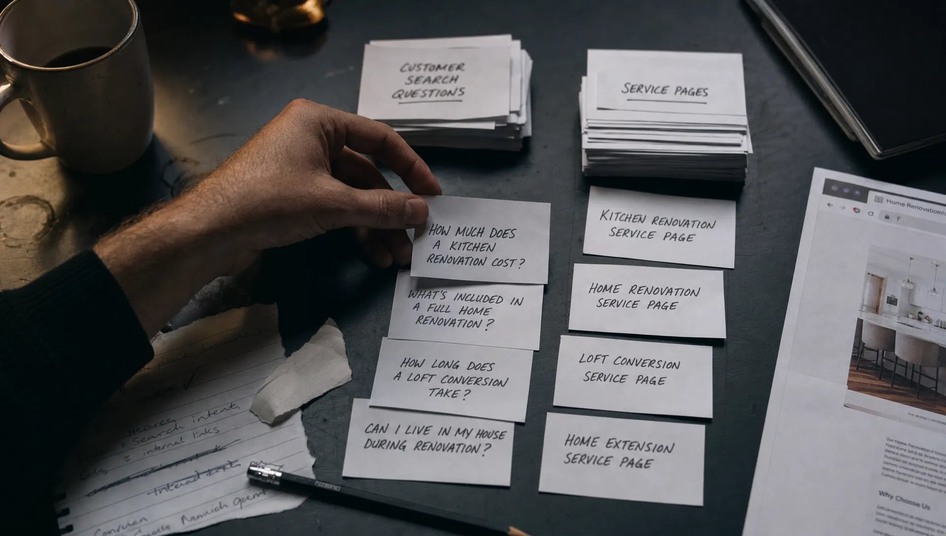 An adult hand sorts keyword cards beside notes and printouts, showing how informational and commercial searches get split into different jobs.