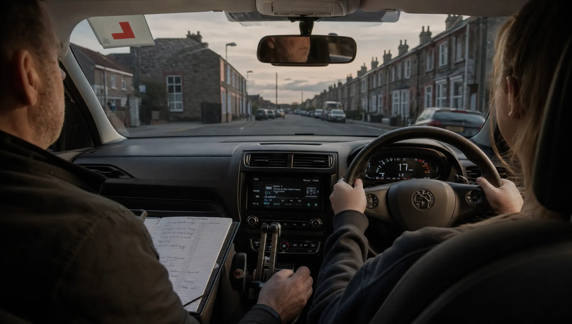 An instructor and learner in a car during driving lessons, with hands on the wheel and a test-route notebook nearby.