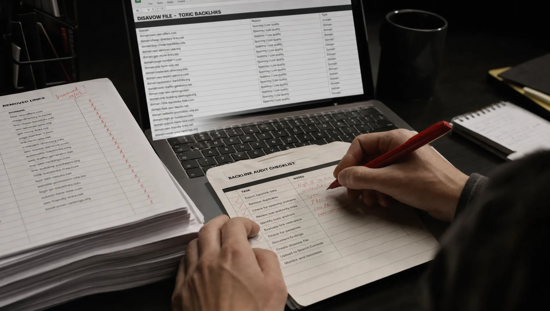 Hands marking a checklist beside Search Console notes and a disavow spreadsheet during Google manual action recovery.