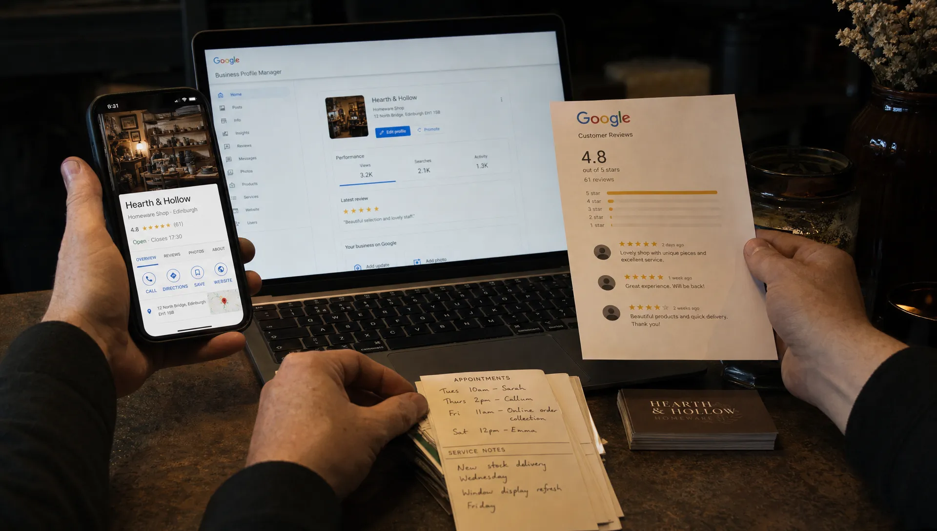 Hands update reviews, service notes and a phone beside a laptop, showing the work behind winning customers from zero-click searches.