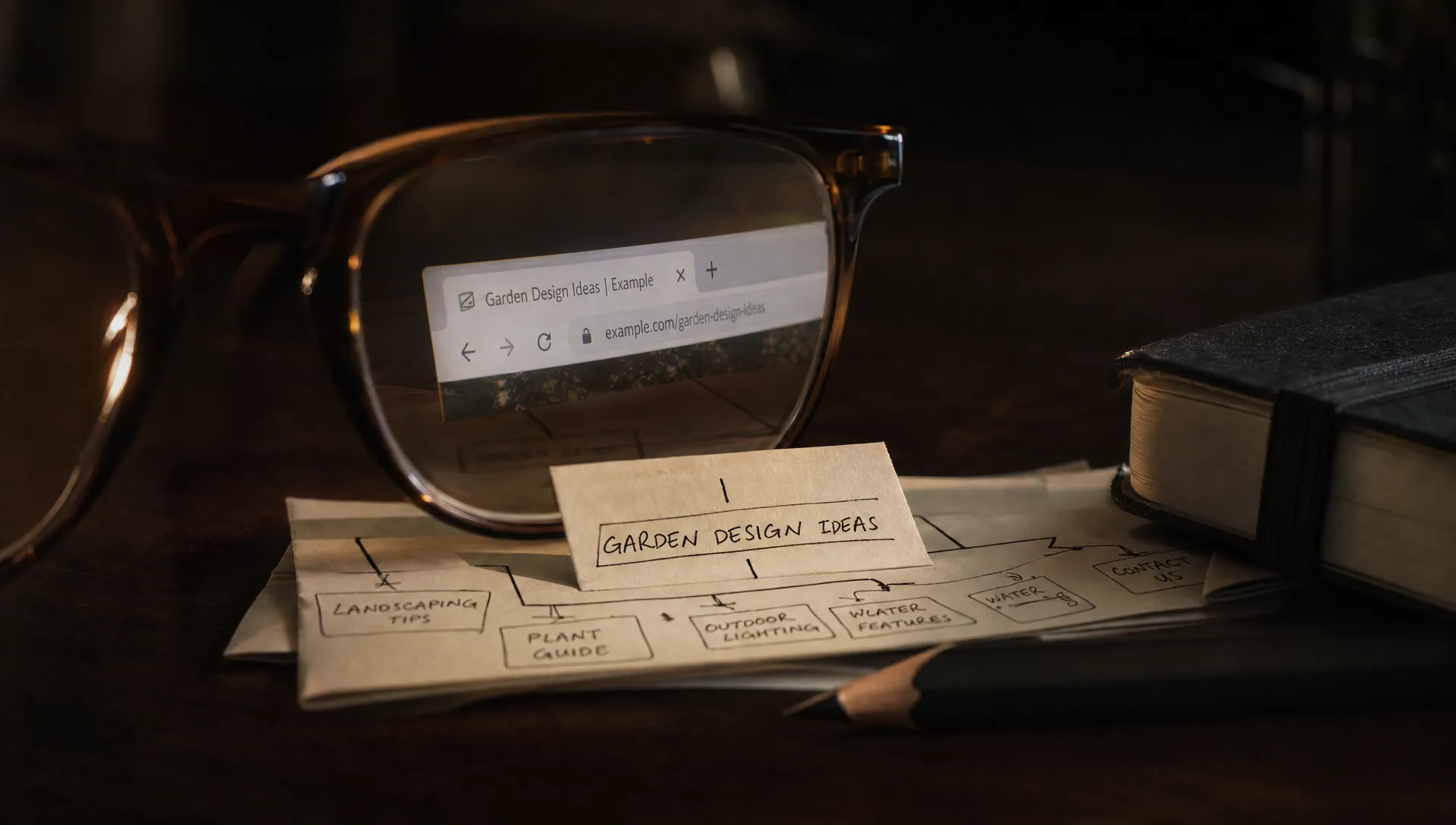 Reading glasses rest beside site maps and notes on a dark desk, suggesting careful internal linking for a website.