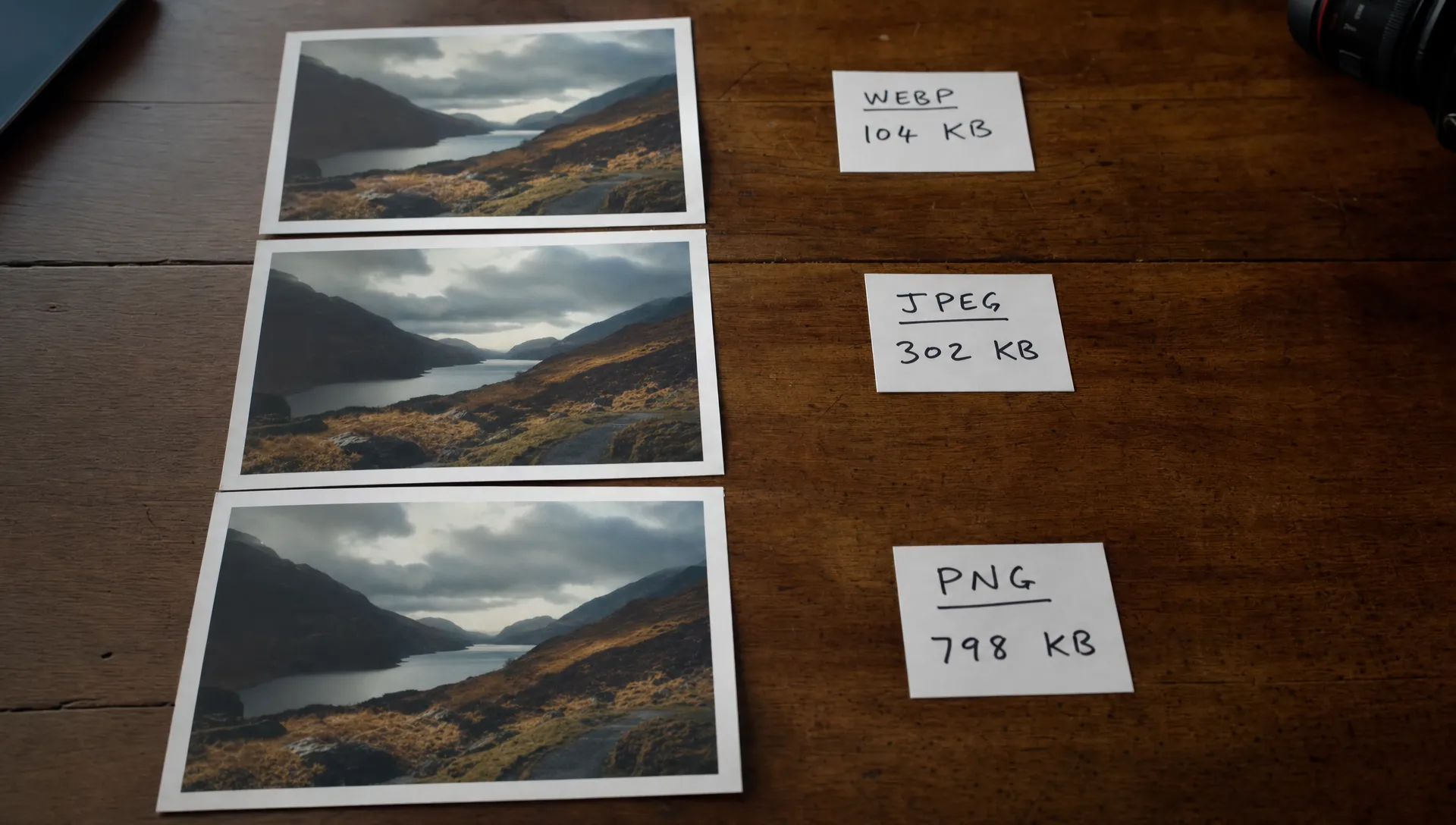 Three printed test photos lie beside handwritten file size notes, comparing WebP, JPEG and PNG for a website.