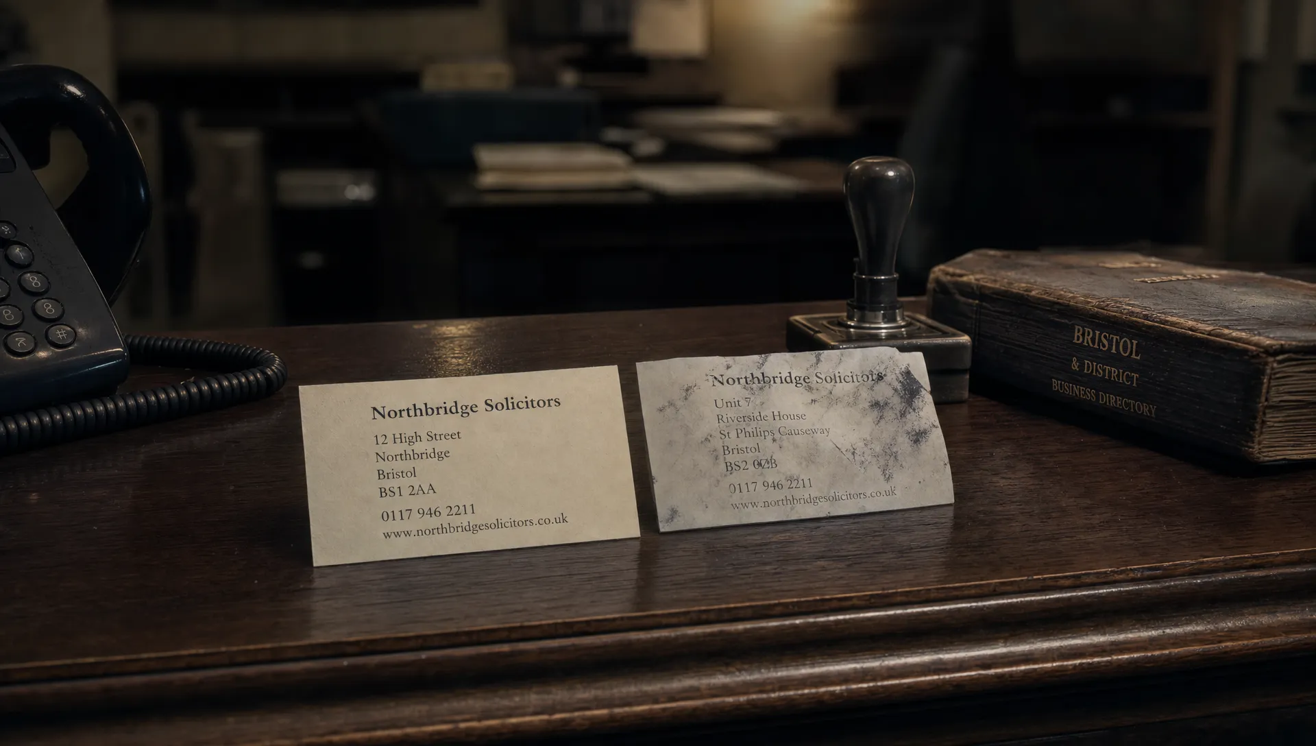 Two address cards on a reception desk highlight a duplicate Google Business Profile problem.