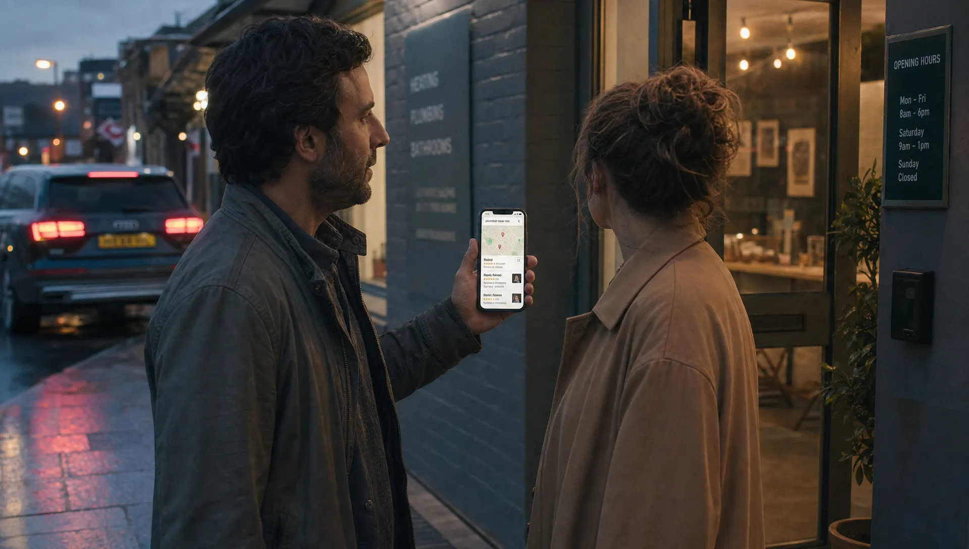 Two adults outside a business entrance compare a map listing on a phone before deciding who to call, capturing a local search lead.