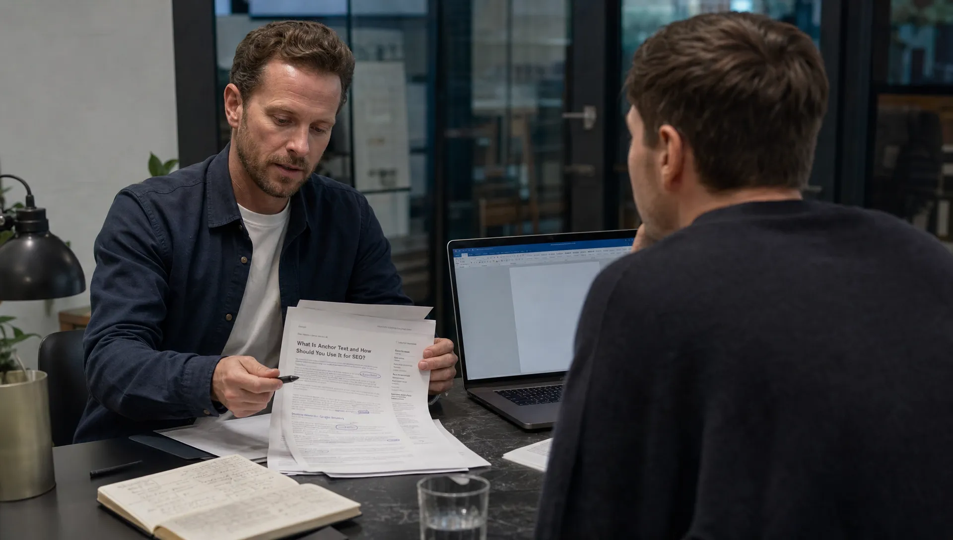 Two adults review website links at a desk with the anchor text article headline on the papers.
