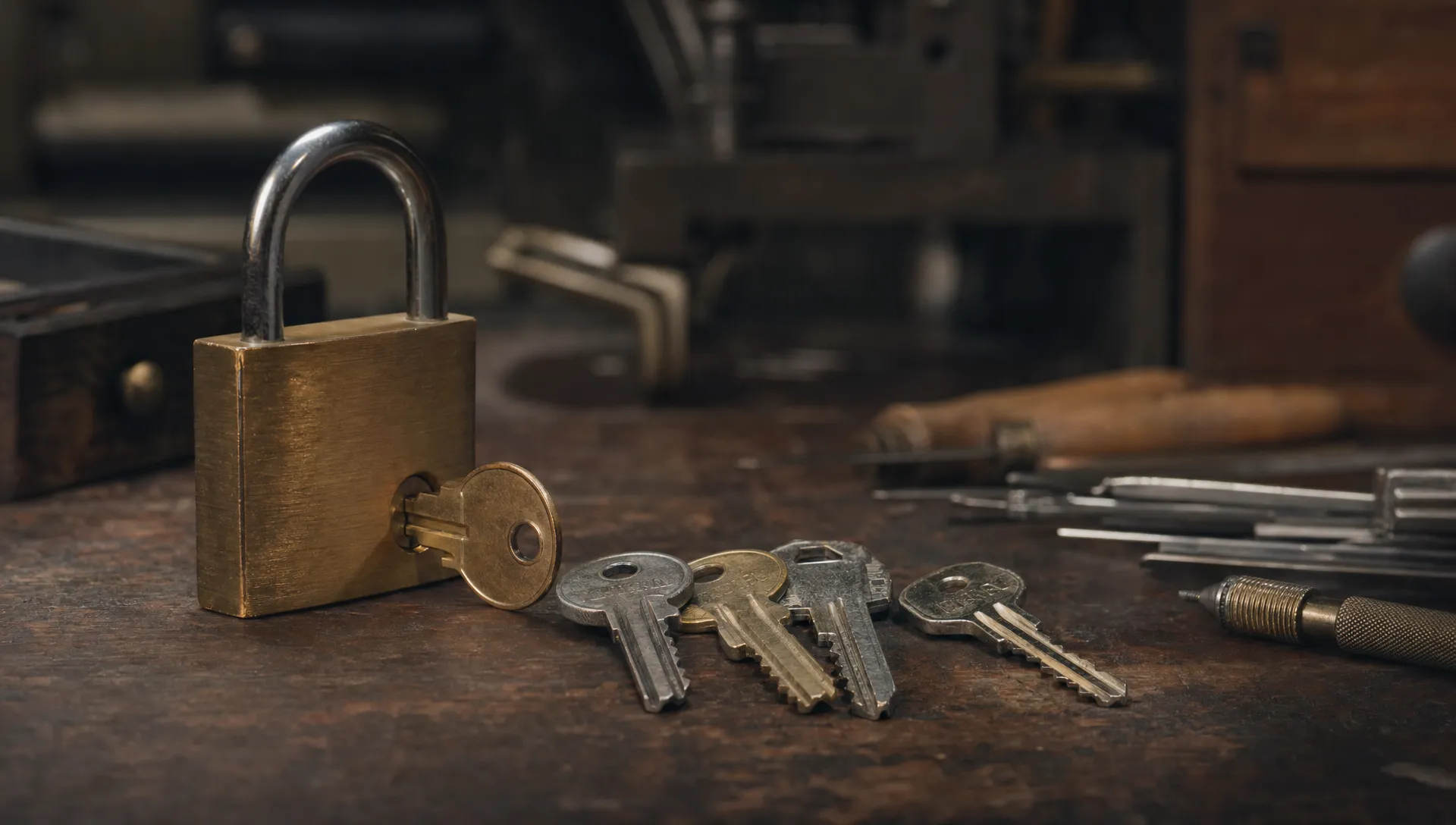 A brass lock on a locksmith's bench holds one matching key while several different keys lie beside it, showing search intent.