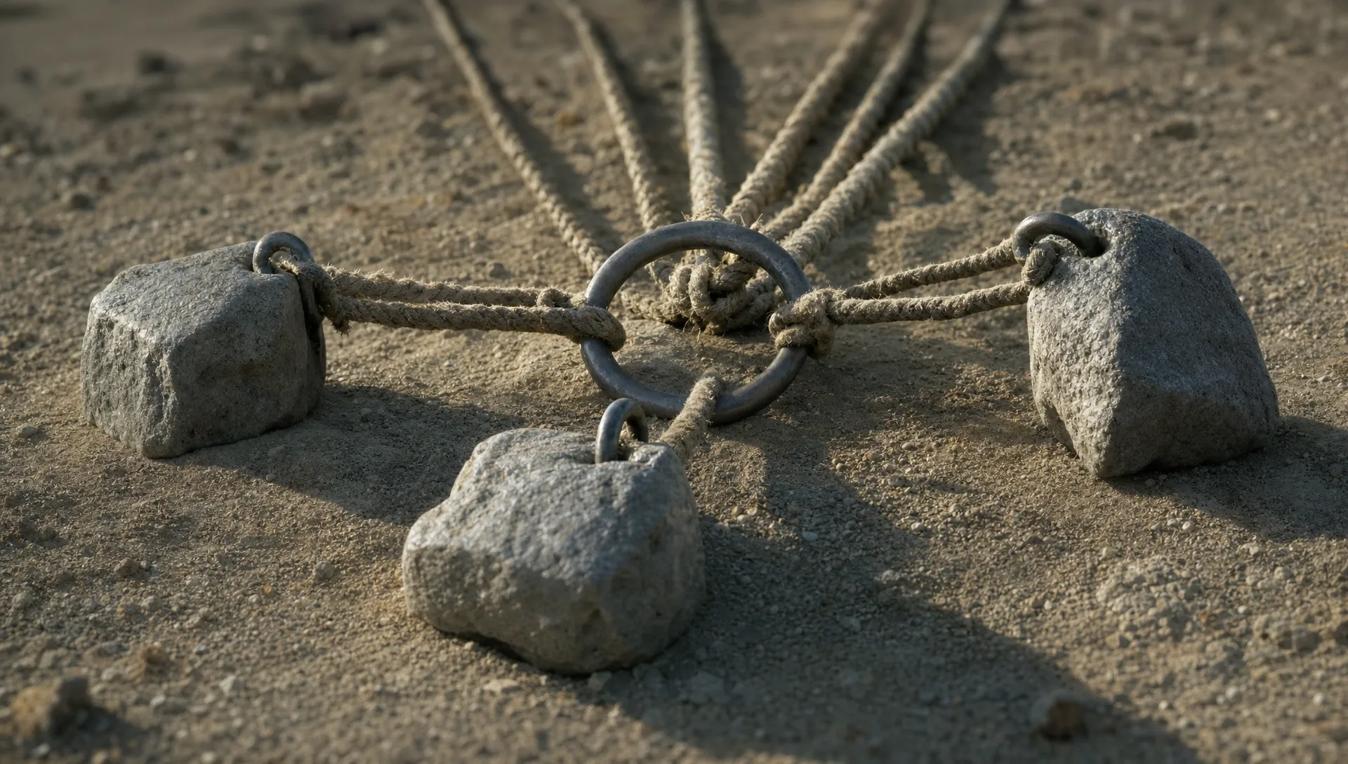 A close view of three stone anchors securing multiple ropes to one iron ring, showing how many backlinks can come from just a few referring domains.