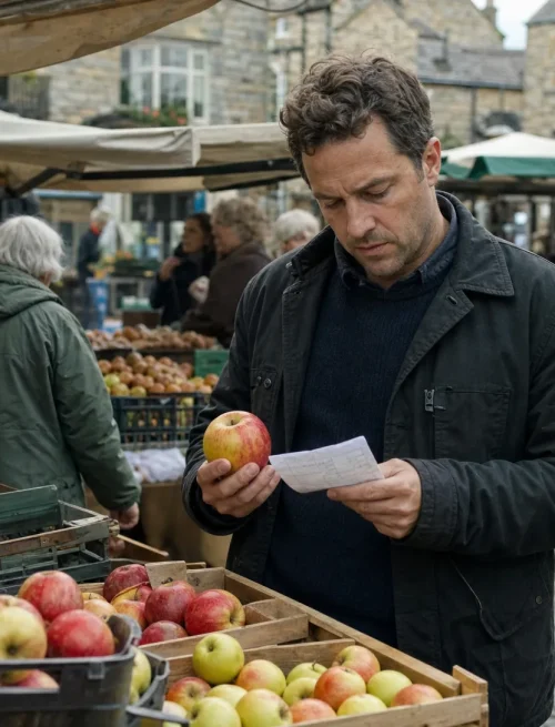 A customer weighs apples at a village market stall, with full produce crates and neighbouring stalls around them.