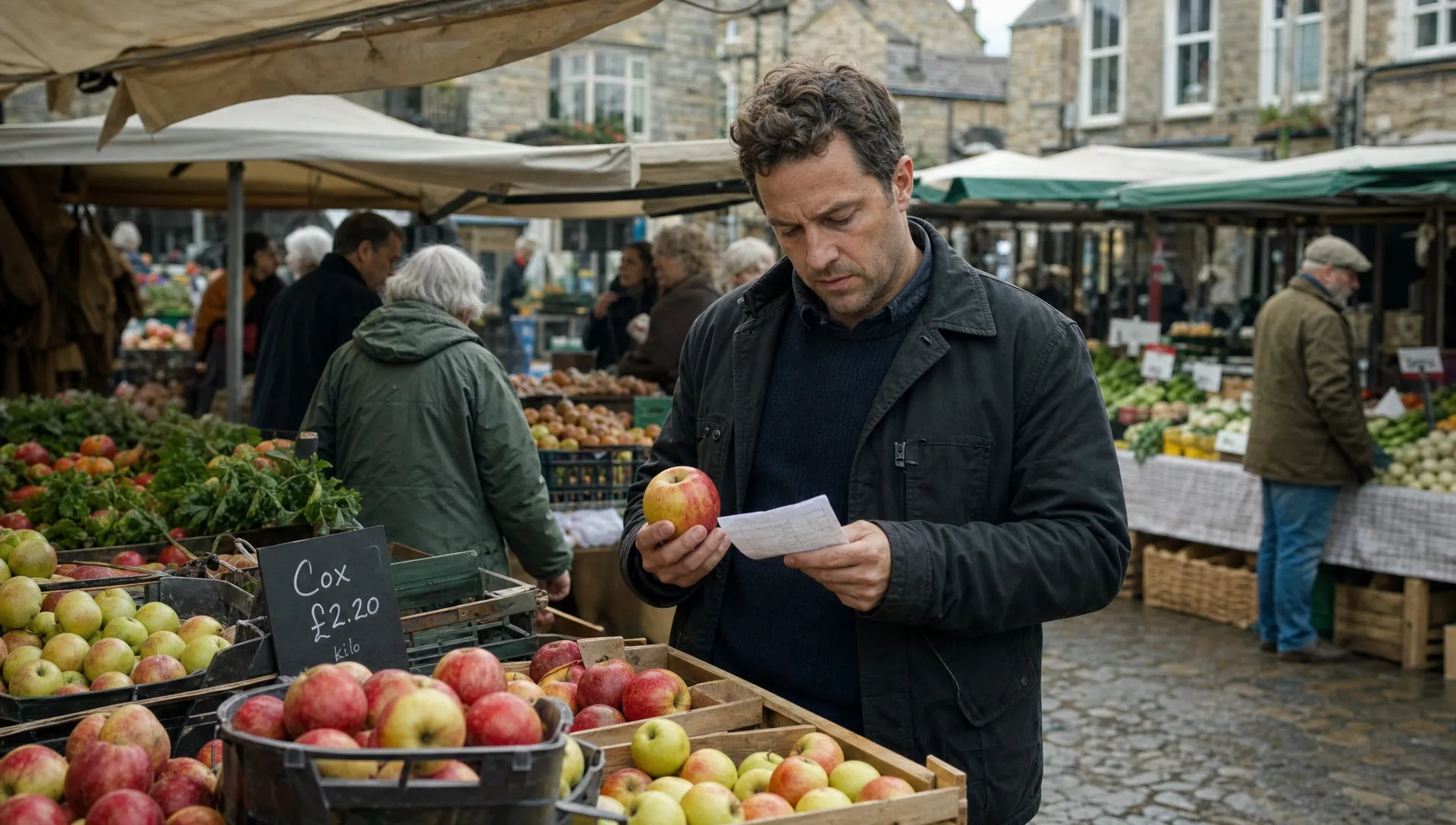 A customer weighs apples at a village market stall, with full produce crates and neighbouring stalls around them.